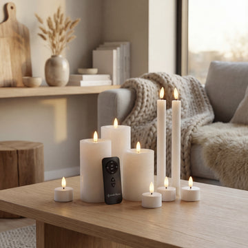 Set van witte LED-kaarsen met afstandsbediening op houten tafel, Nordic Flame sfeer