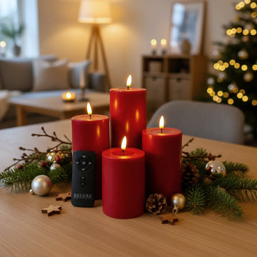 Rode LED-stompkaarsen van Nordic Flame met 3D-vlam, op een kerstige tafel met afstandsbediening.