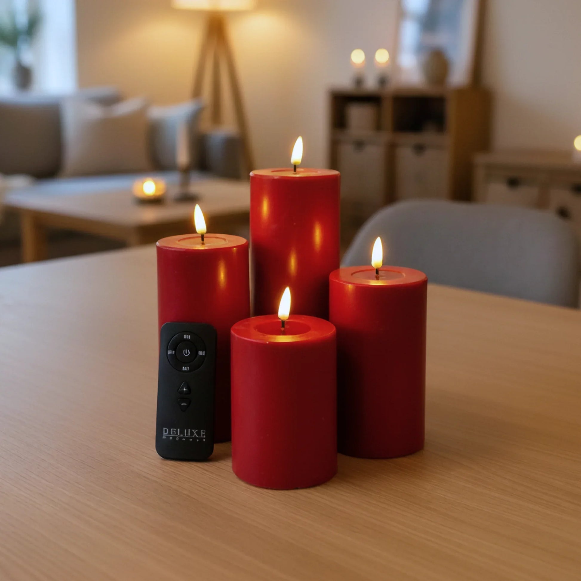 Rode LED-stompkaarsen met 3D-vlam en afstandsbediening op tafel in sfeervolle woonkamer