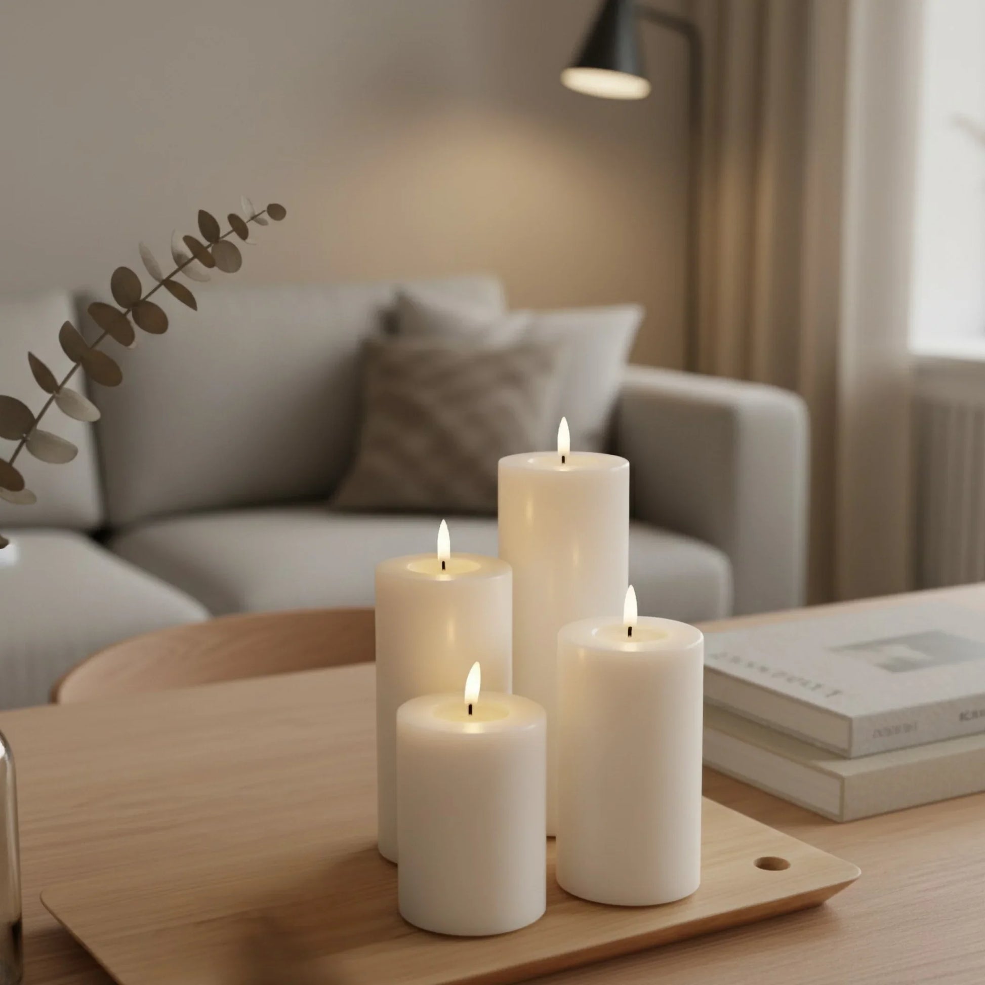 Vier realistische LED-stompkaarsen van Nordic Flame op houten blad in moderne woonkamer