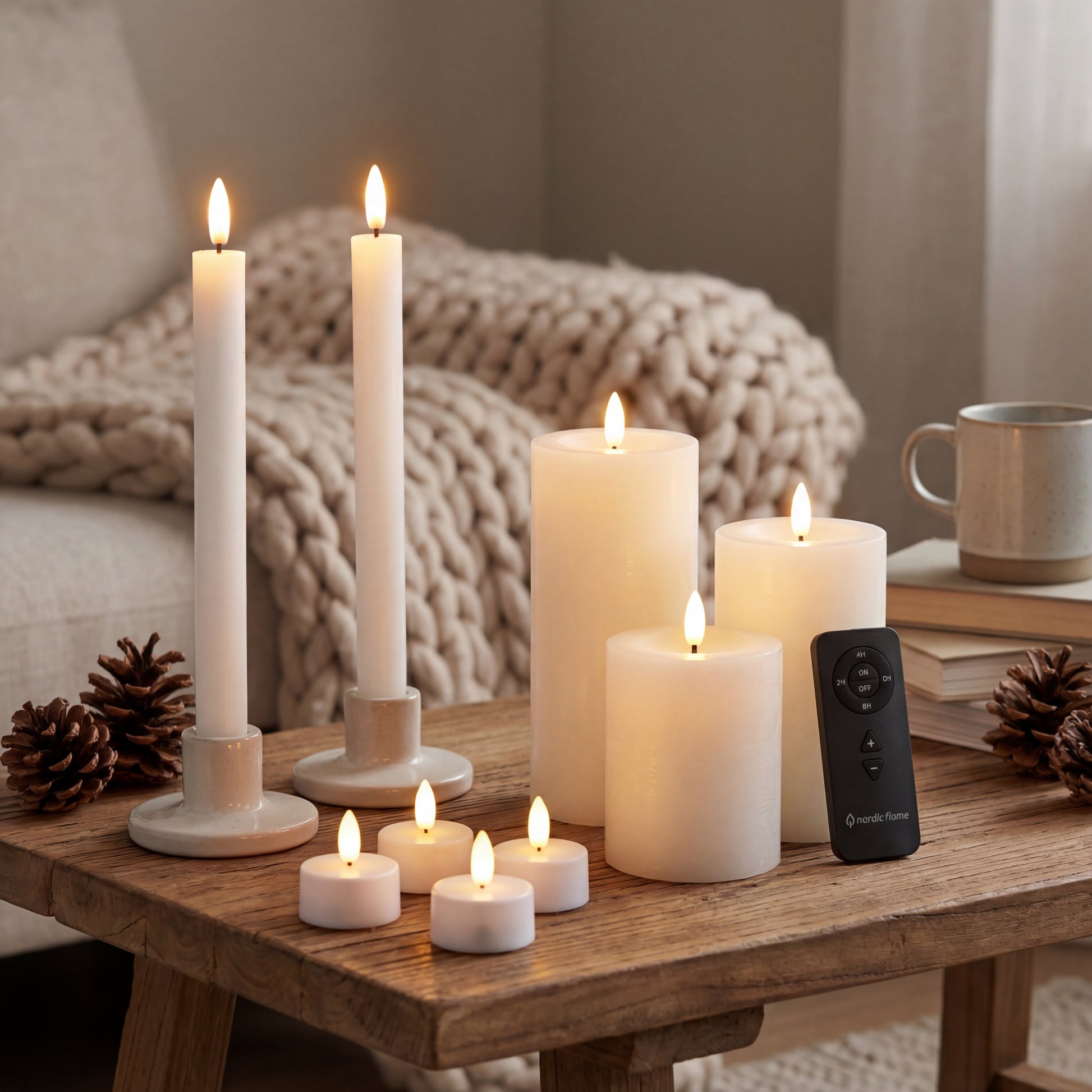 Set realistische LED-kaarsen van Nordic Flame op houten tafel in sfeervolle woonkamer.