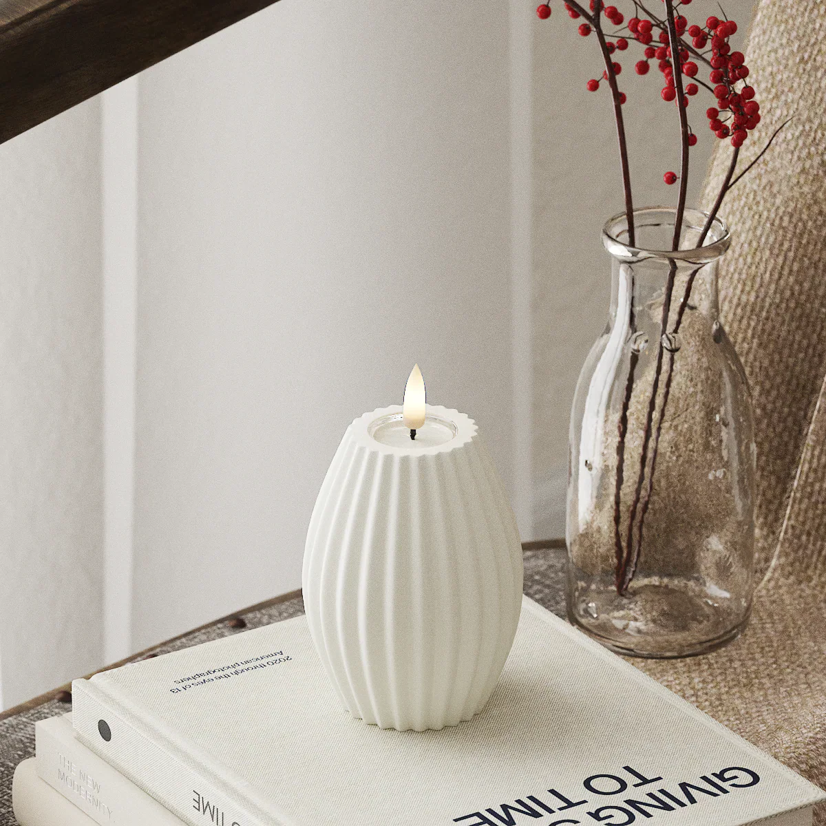 Nordic Flame LED-kaars met 3D-vlam op boek, moderne sfeerdecoratie binnen