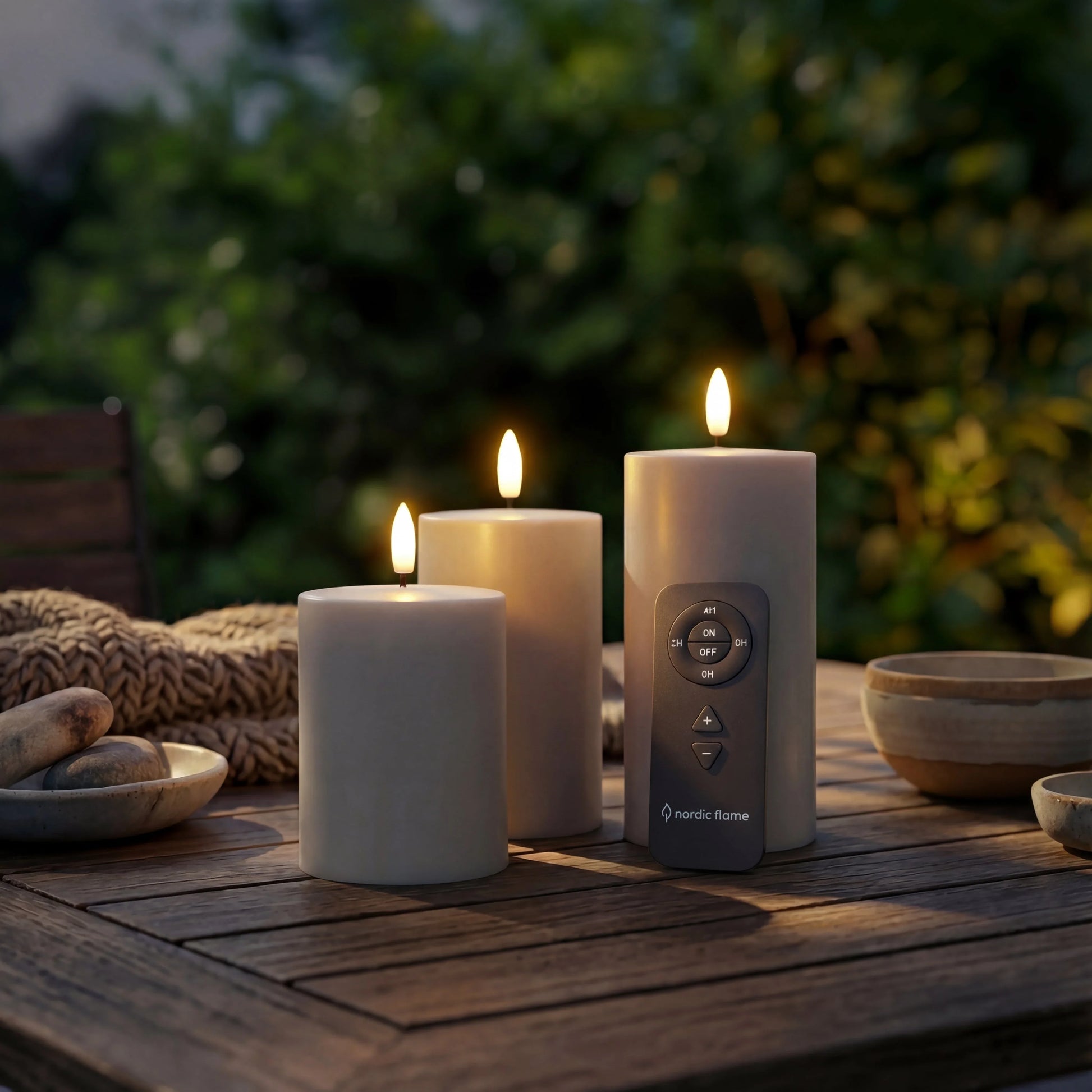 Drie Nordic Flame LED-stompkaarsen met 3D-vlam en afstandsbediening buiten op houten tafel.