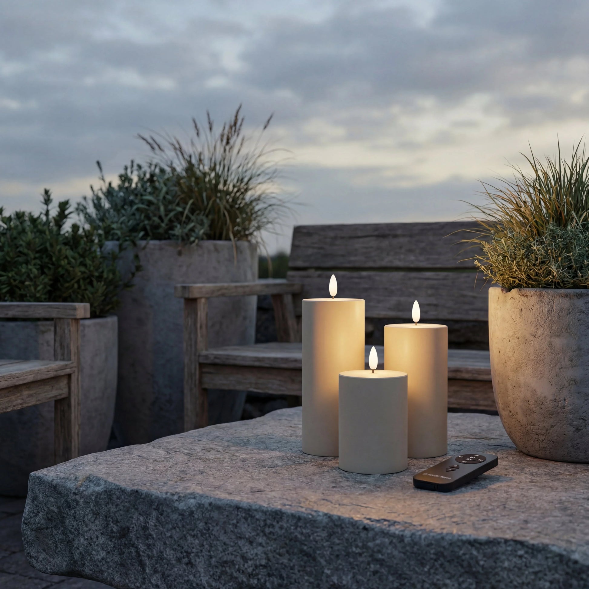 Set van drie Nordic Flame LED-kaarsen met afstandsbediening op tuinbank, sfeervolle buitenruimte