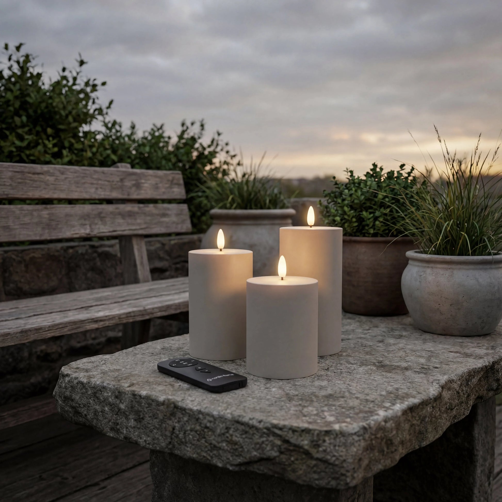 Nordic Flame LED kaarsen set met afstandsbediening, buiten op stenen tafel, sfeervol verlicht