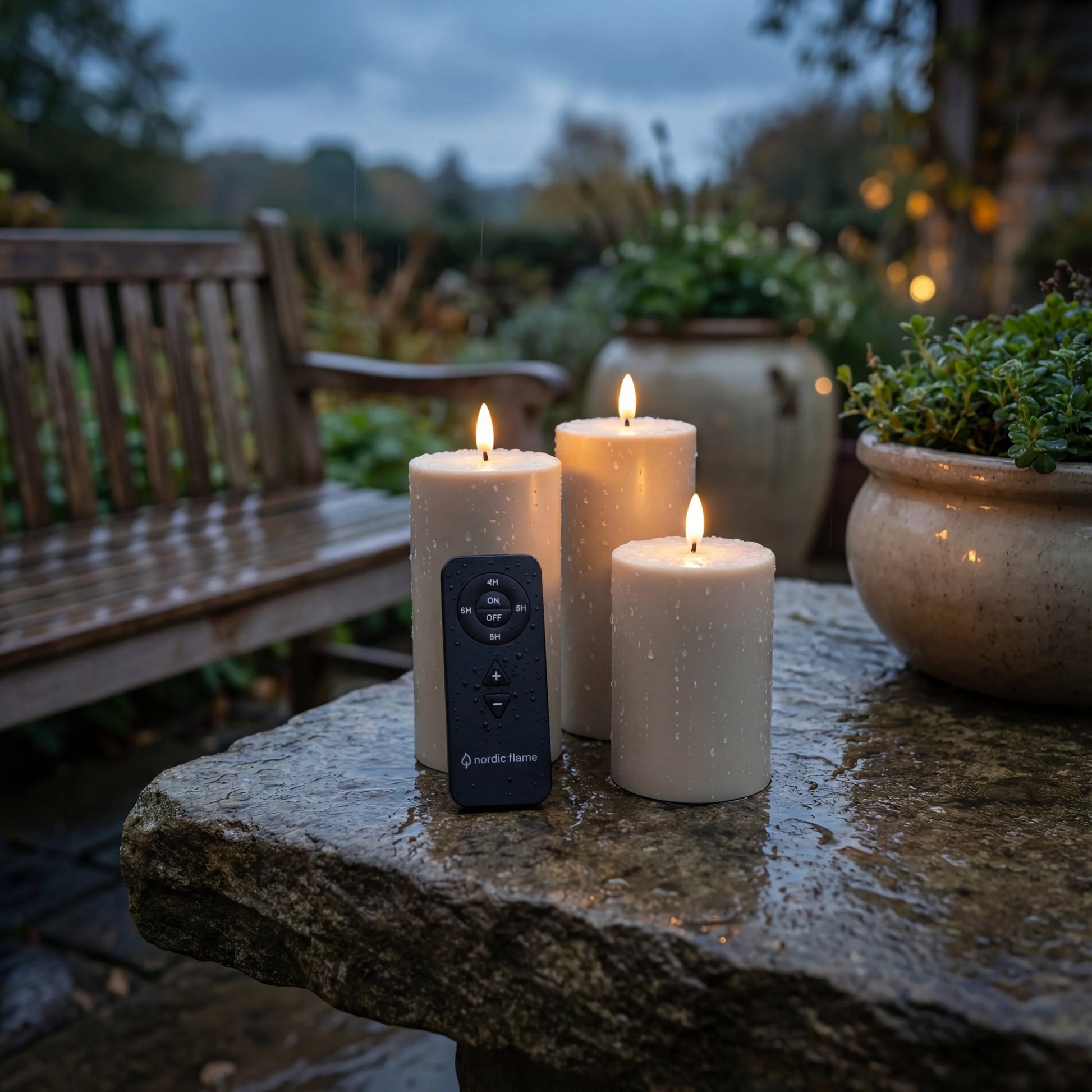 Nordic Flame LED-kaarsen set zandkleur met afstandsbediening op natte tuintafel, buiten