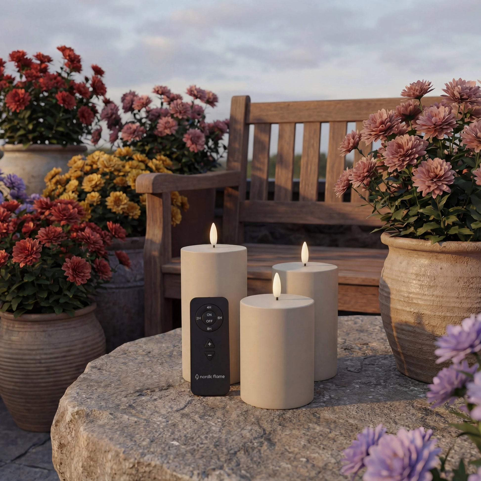 Set van drie Nordic Flame LED-kaarsen met afstandsbediening op tuintafel, omringd door bloemen