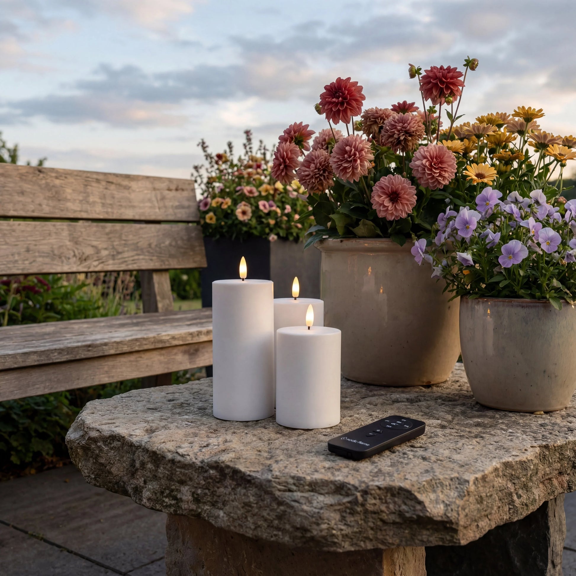 Nordic Flame LED kaarsen set met afstandsbediening op tuintafel, omringd door bloemen