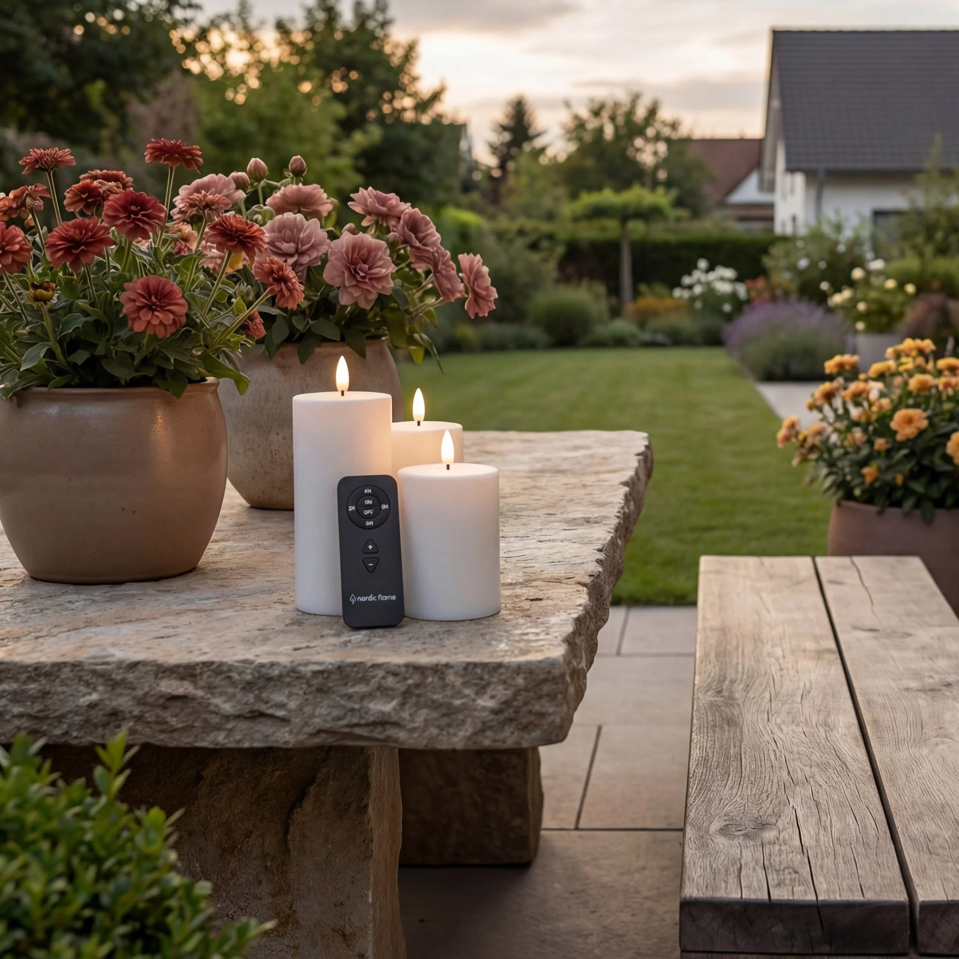 Nordic Flame LED-kaarsen set met afstandsbediening op tuintafel, sfeervol buiten
