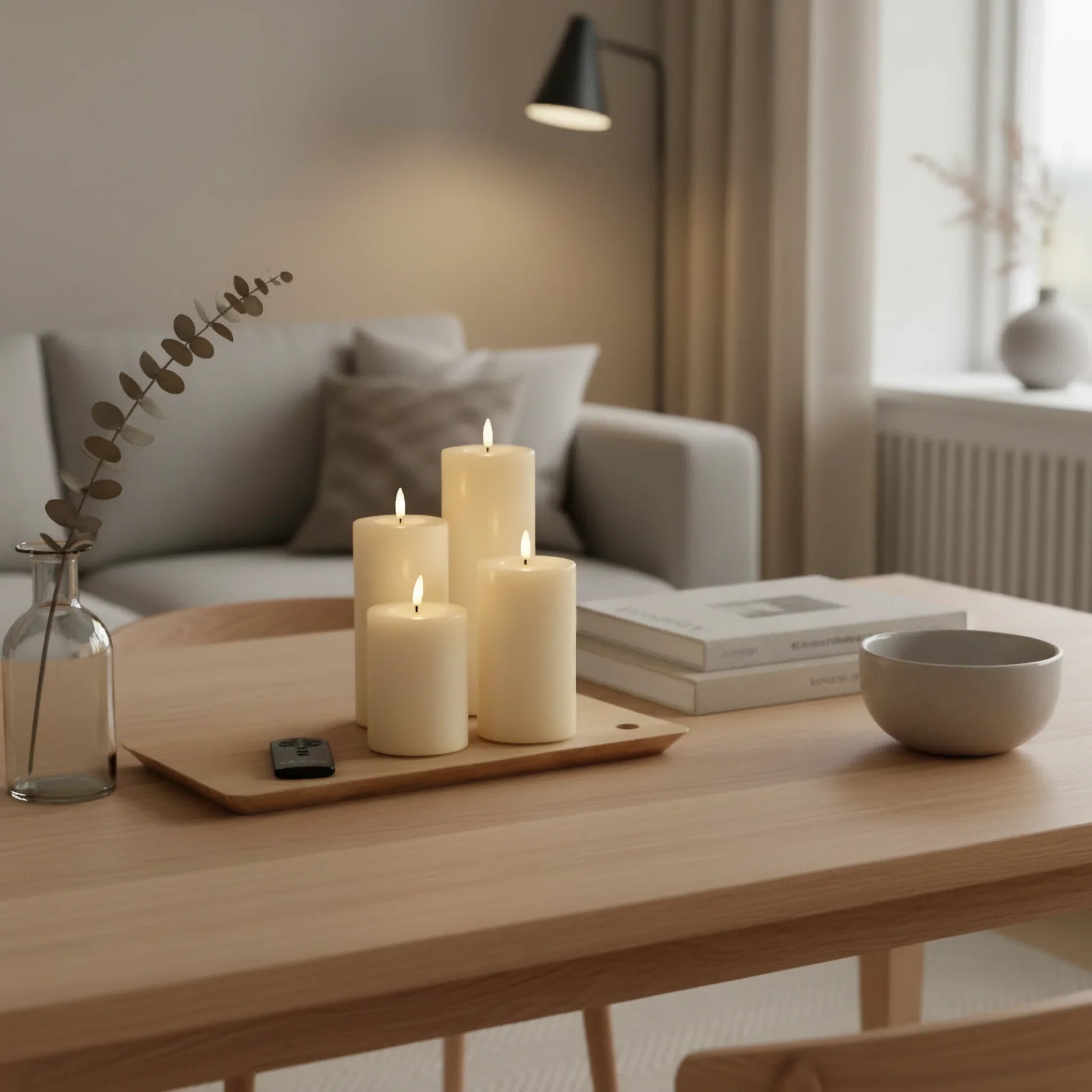 Nordic Flame LED-stompkaarsen met 3D-vlam op houten salontafel in moderne woonkamer