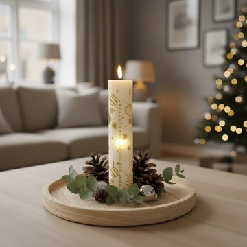 Realistische LED-stompkaars met kerstdecoratie op houten schaal in sfeervolle woonkamer