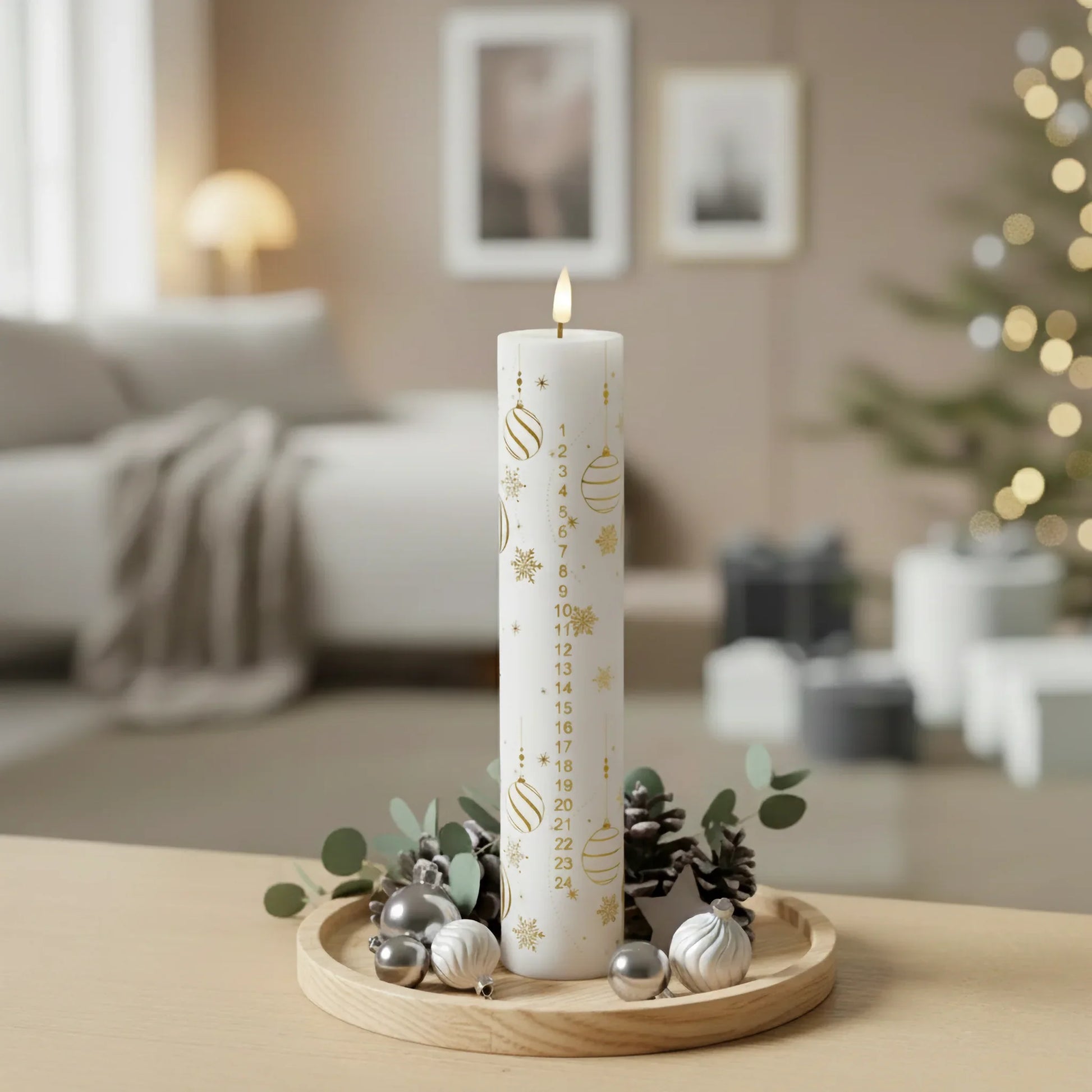 Witte LED-adventskaars met gouden kerstmotieven op houten schaal, omringd door dennenappels en kerstdecoratie in een sfeervol interieur