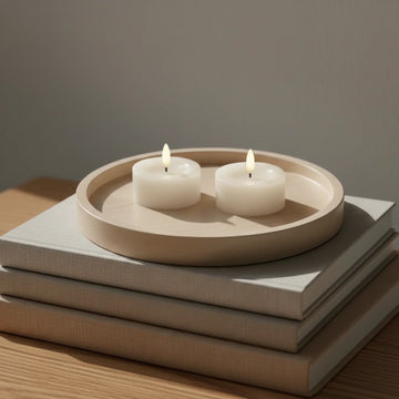 Twee LED-theelichtjes van Nordic Flame op houten schaal, sfeervol op stapel boeken