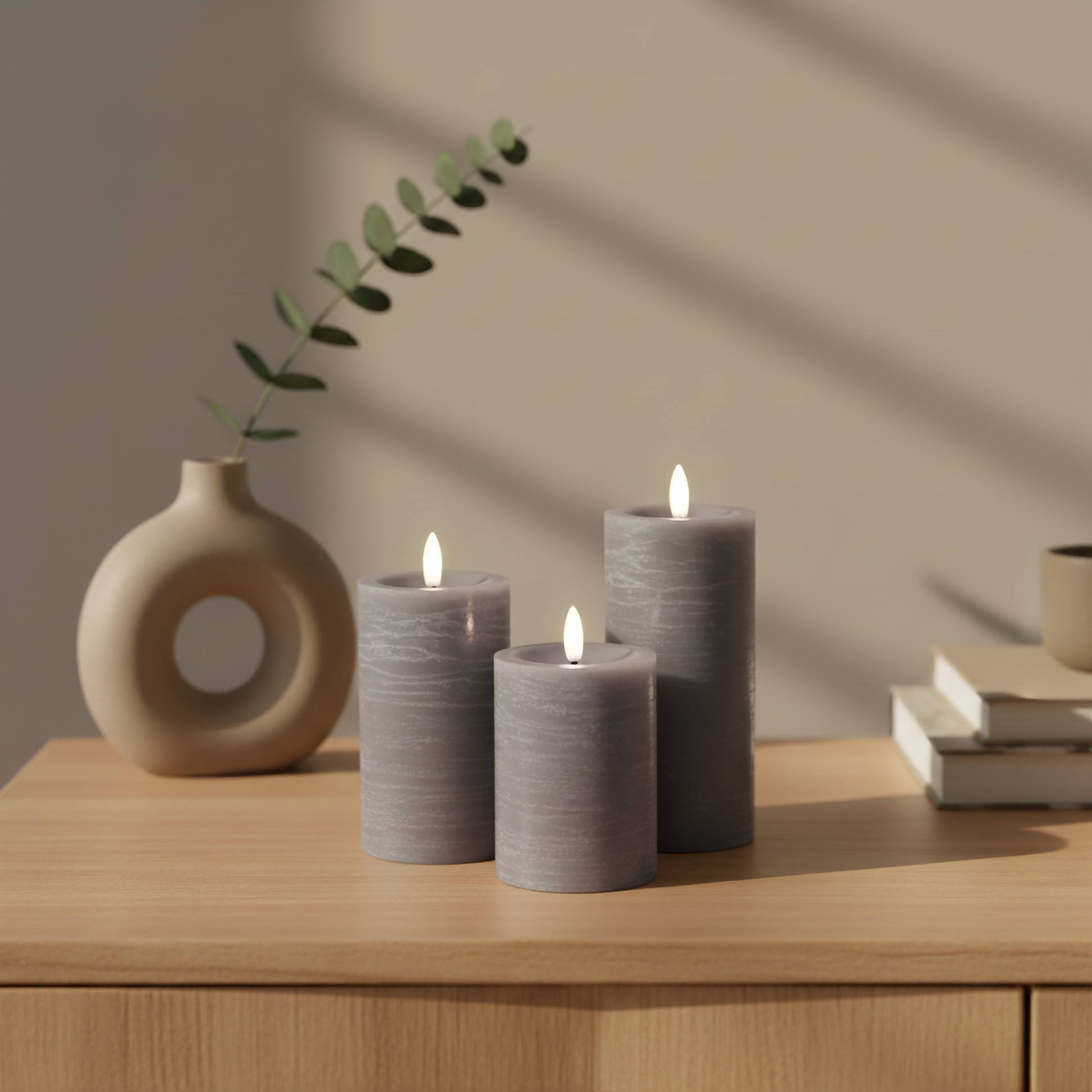 Set van drie grijze LED-stompkaarsen Nordic Flame op houten kast, moderne decoratie