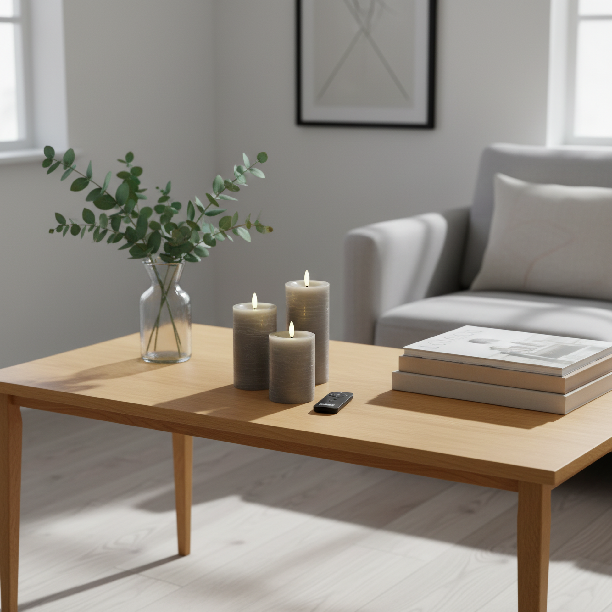 Grijze LED-stompkaarsen met 3D-vlam op houten tafel in moderne woonkamer, Nordic Flame sfeer