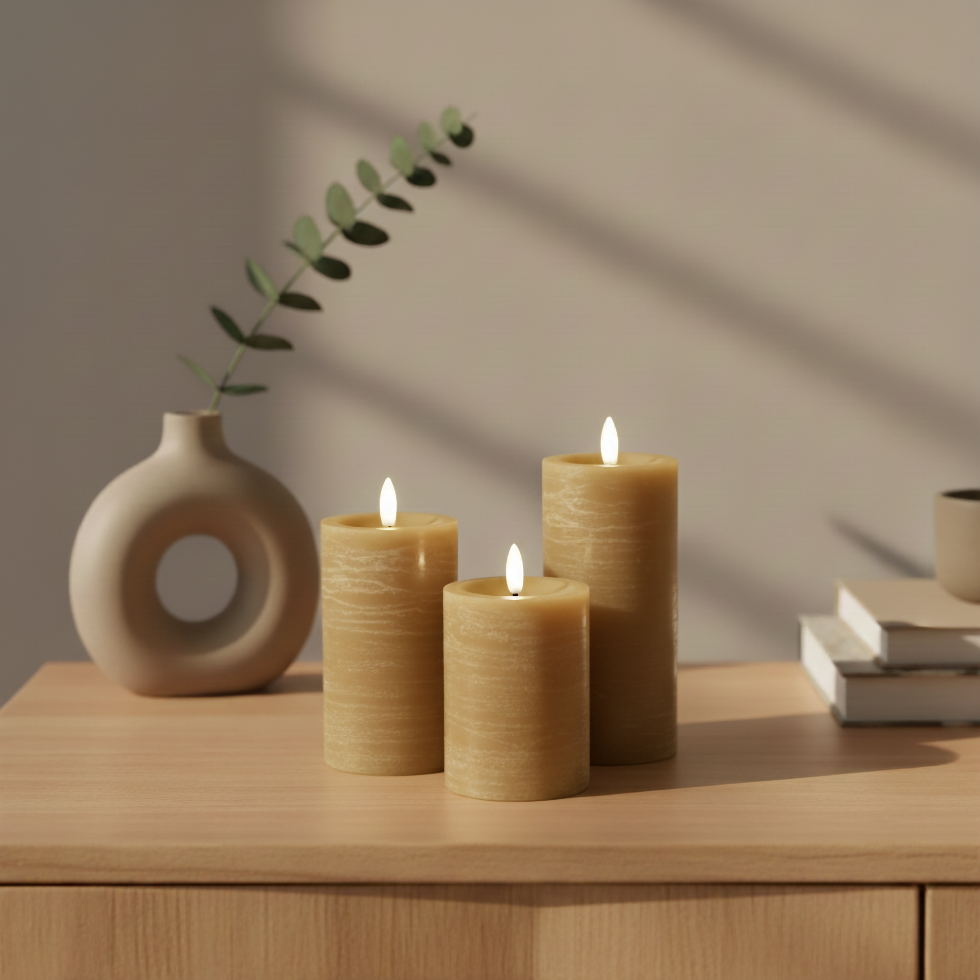 Drie realistische LED-stompkaarsen van Nordic Flame op houten kast, sfeervolle setting