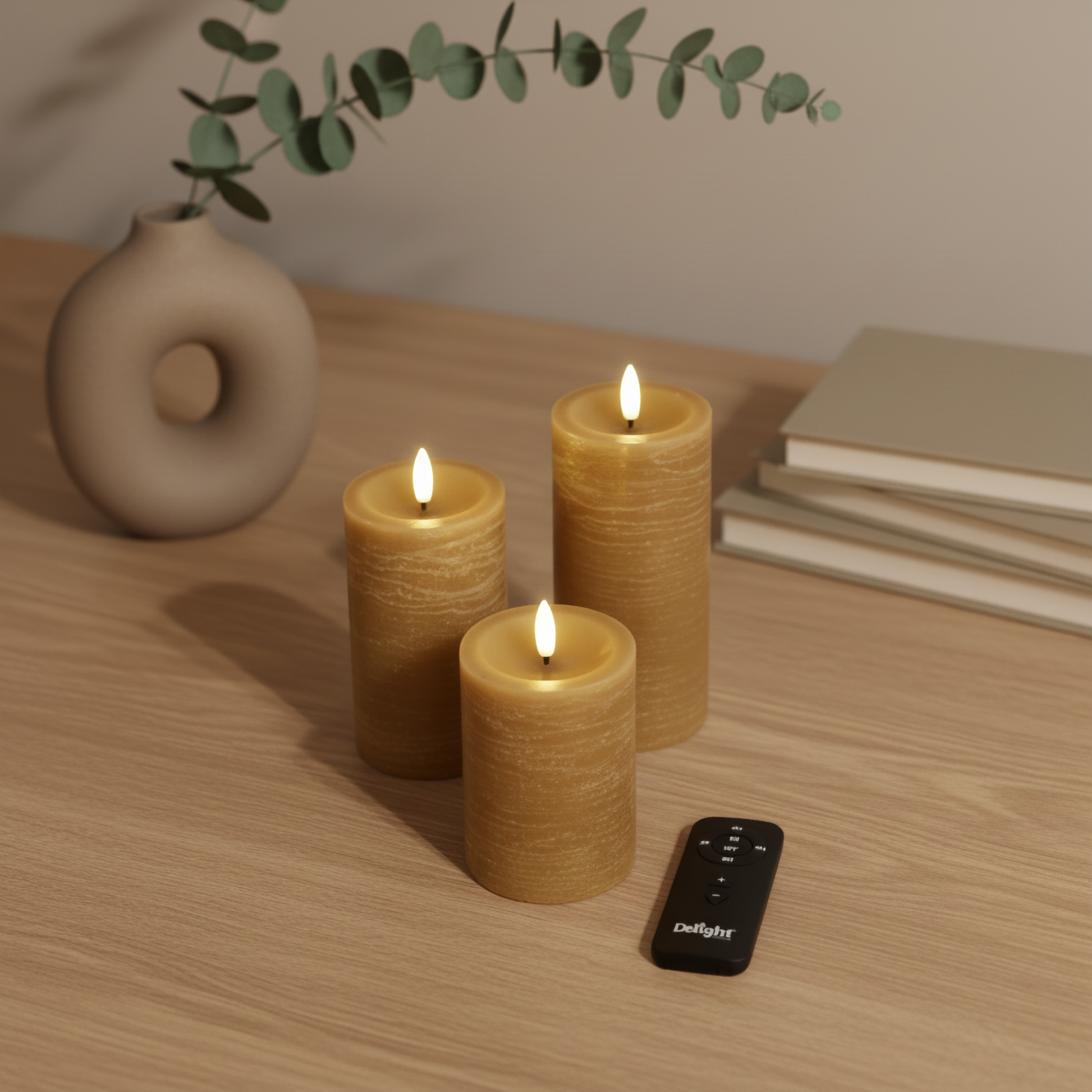 Drie realistische LED-stompkaarsen van Nordic Flame met afstandsbediening op houten tafel