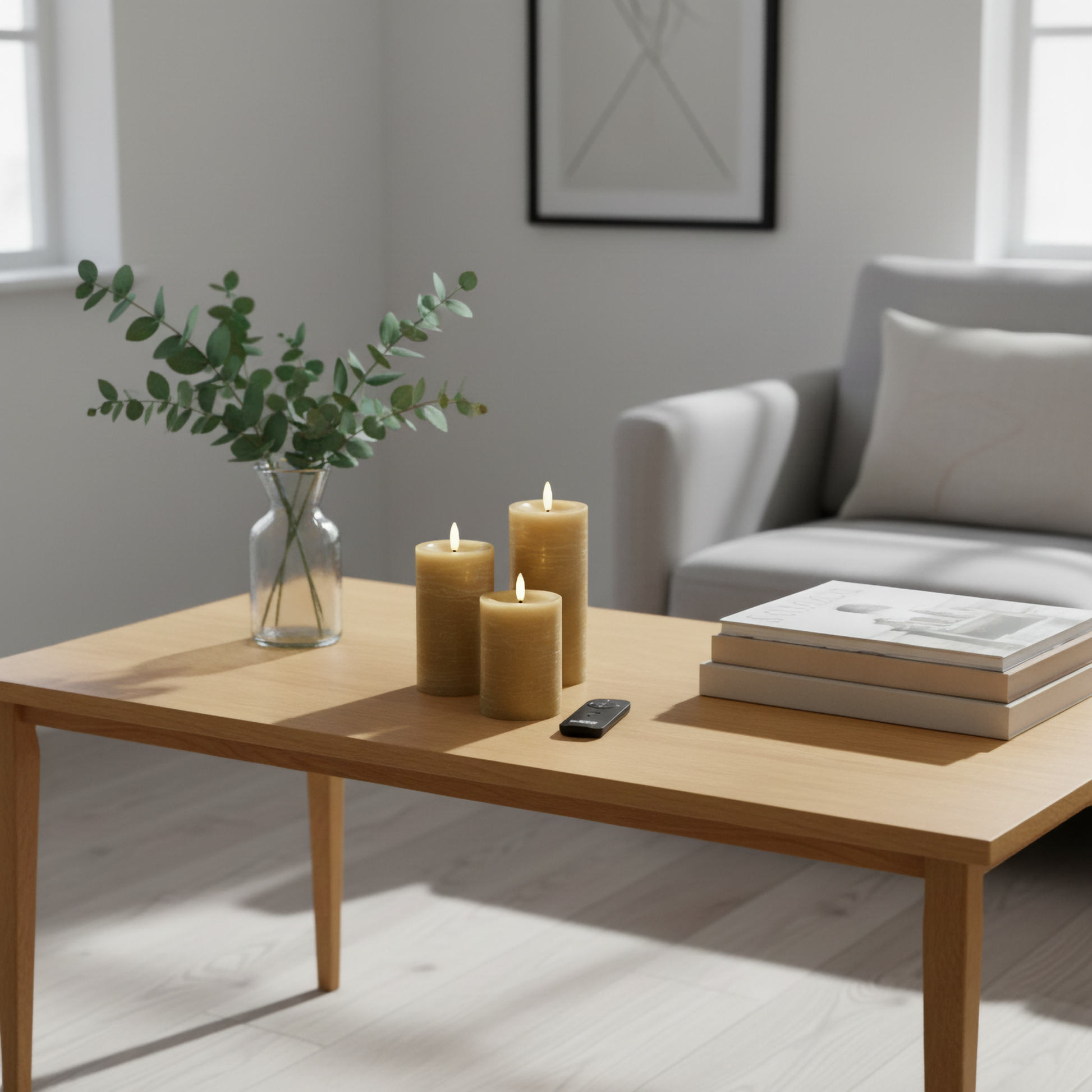 Drie realistische LED-stompkaarsen op houten tafel in moderne woonkamer, Nordic Flame sfeer