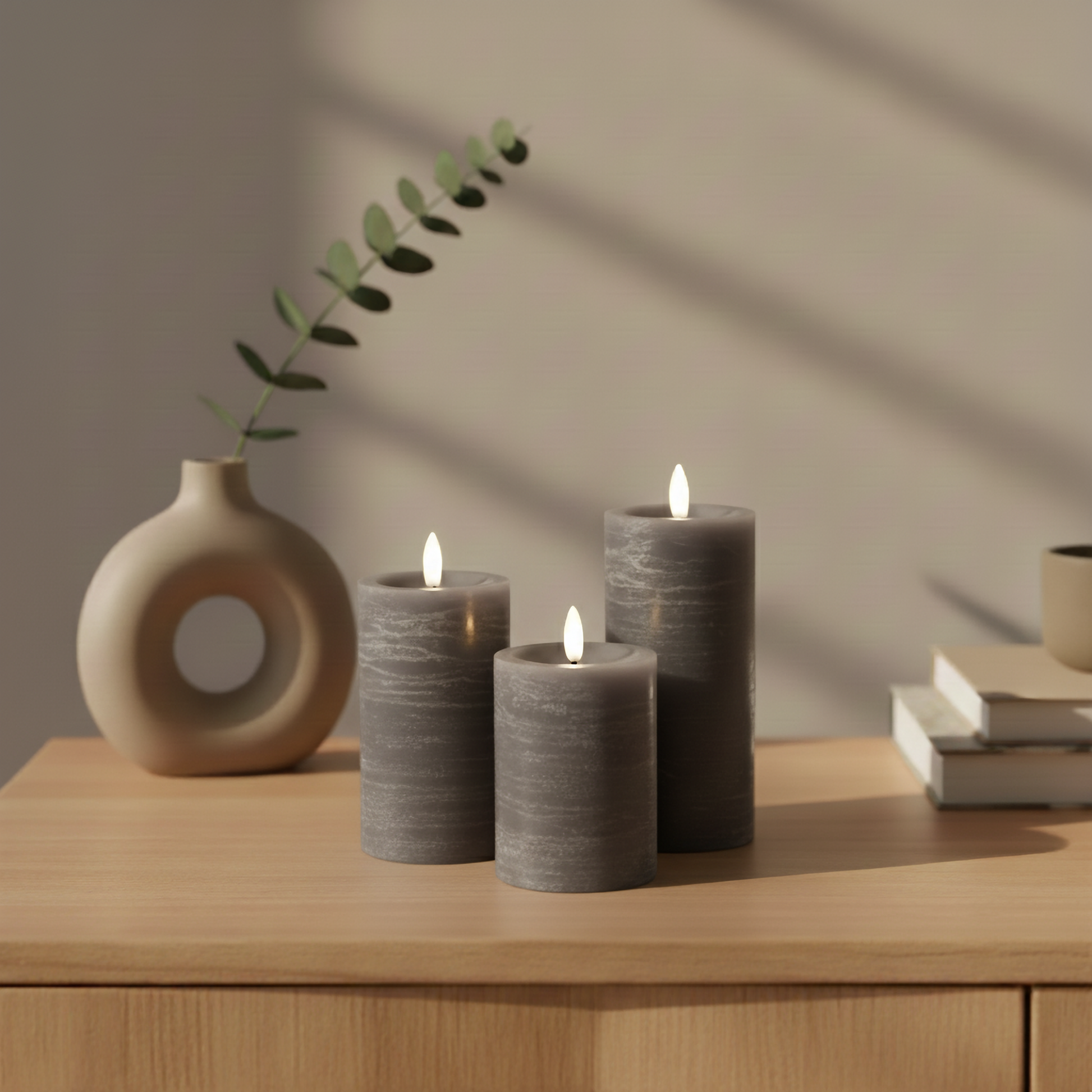 Set van drie grijze LED-stompkaarsen met 3D-vlam op een houten kast, Nordic Flame sfeer