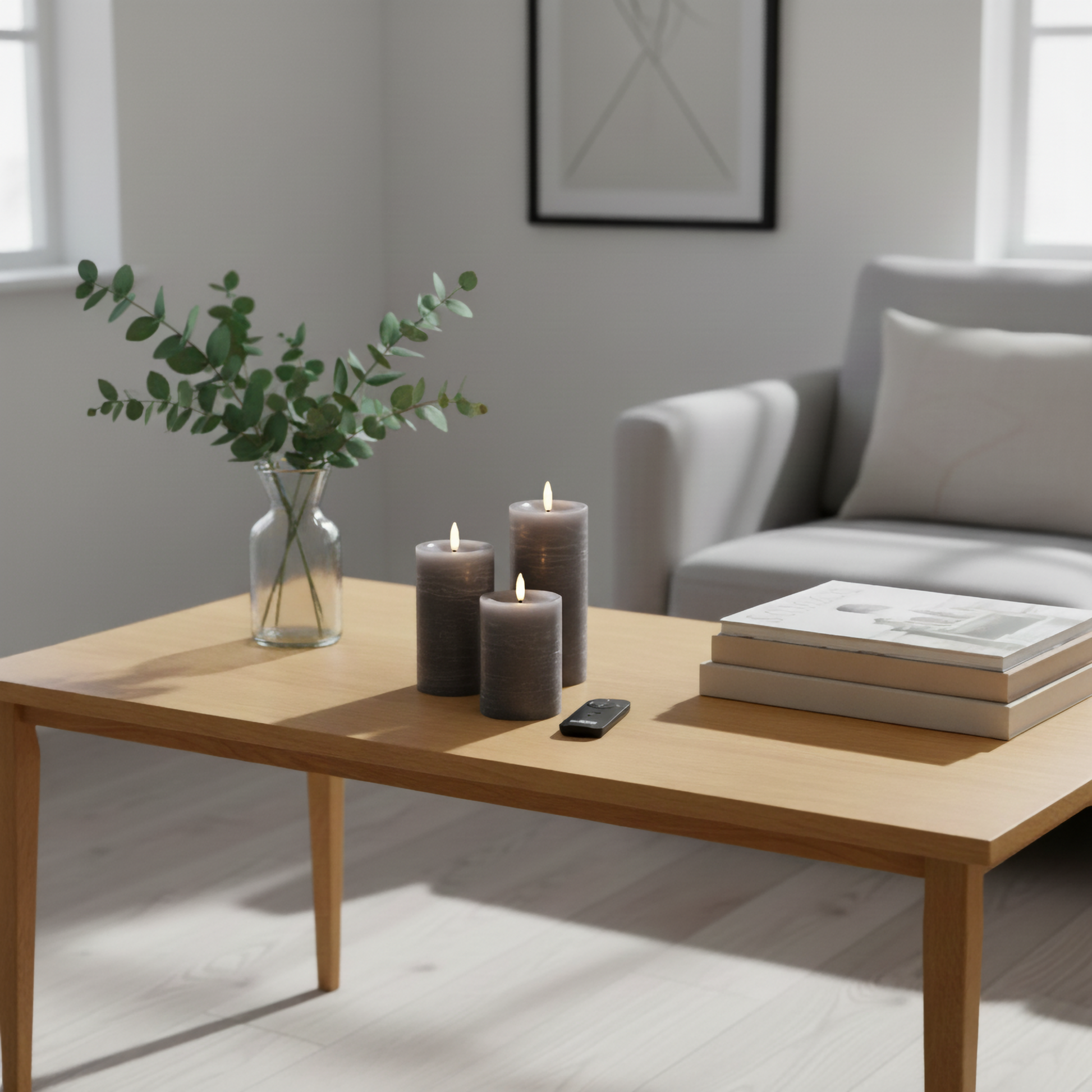 Drie zwarte LED-stompkaarsen met 3D-vlam op houten salontafel in moderne woonkamer, Nordic Flame