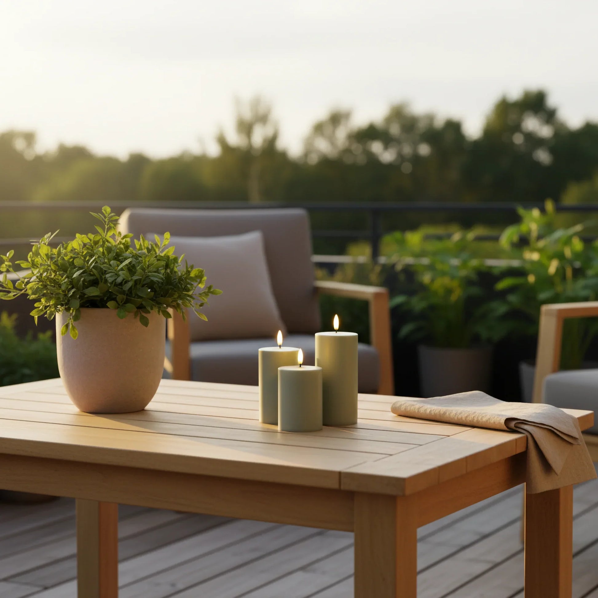 LED-stompkaarsen met 3D-vlam op houten tuintafel, sfeervolle outdoor setting, Nordic Flame