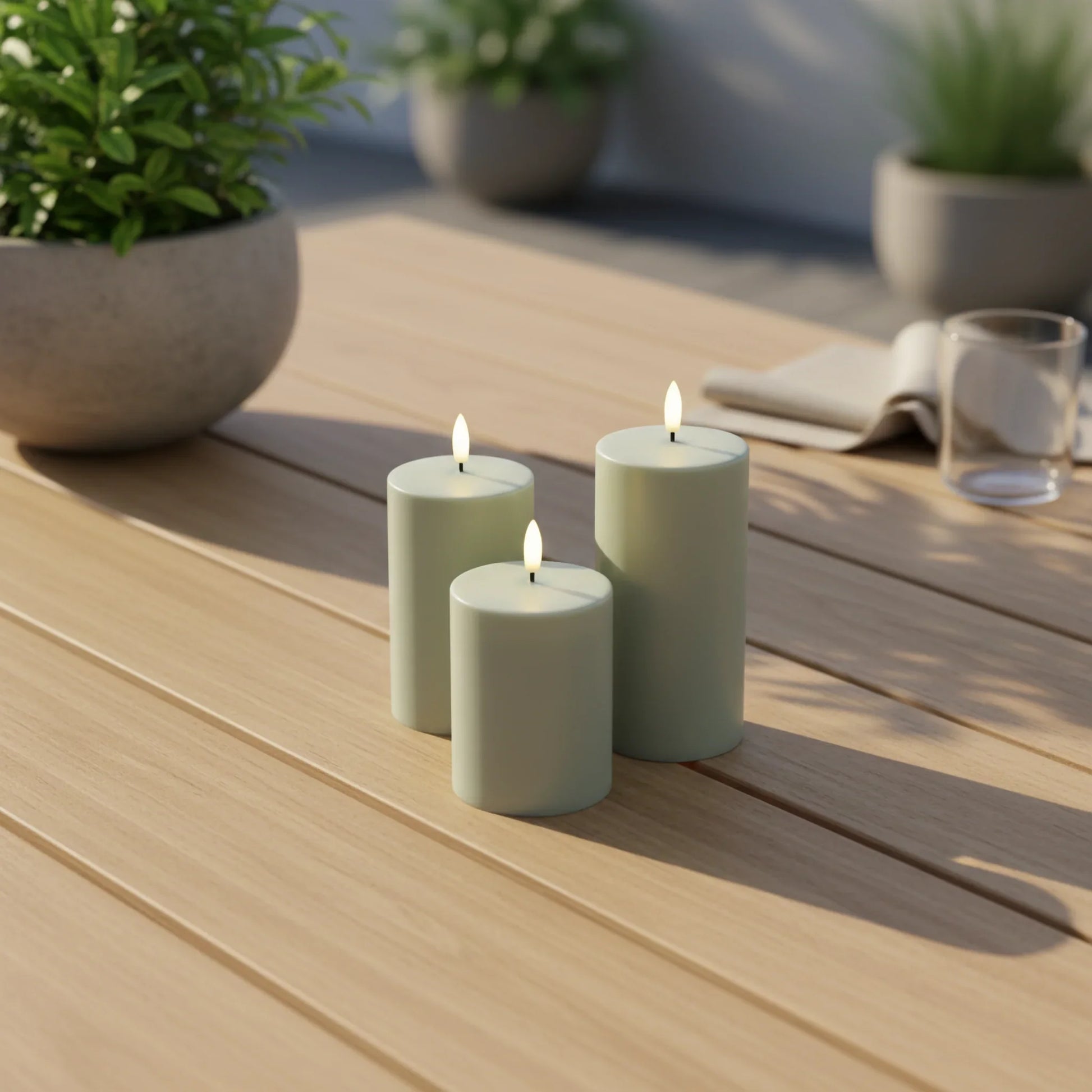 Nordic Flame LED-stompkaarsen met 3D-vlam op houten tafel, outdoor sfeer