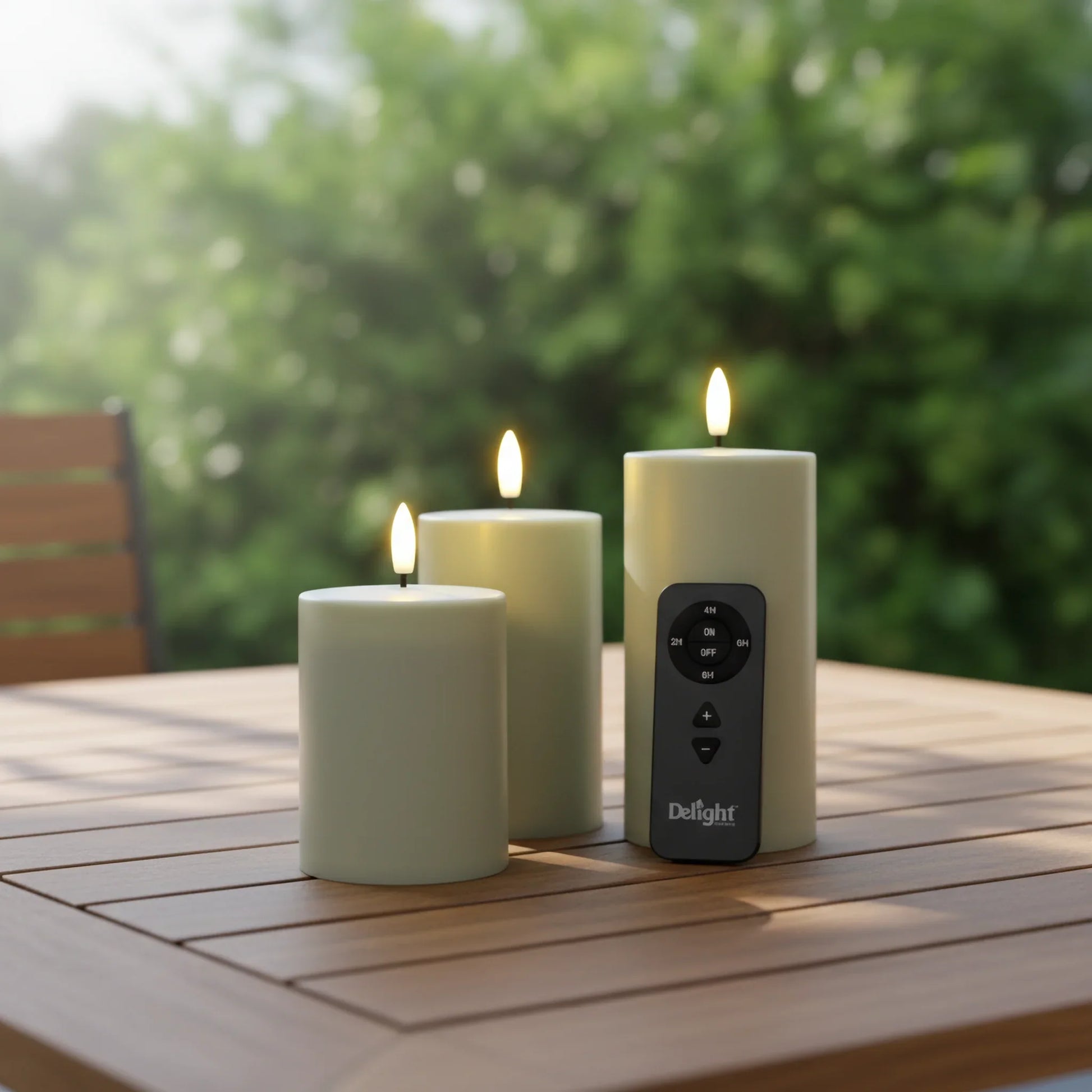 Drie LED-stompkaarsen met 3D-vlam en afstandsbediening op houten tuintafel.