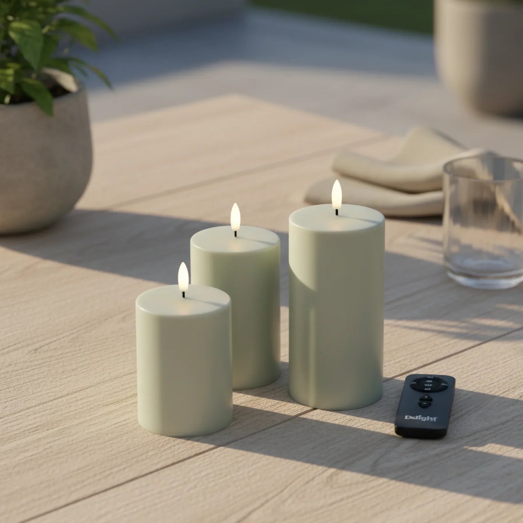 Set van drie realistische LED-stompkaarsen met 3D-vlam op houten tafel, Nordic Flame.