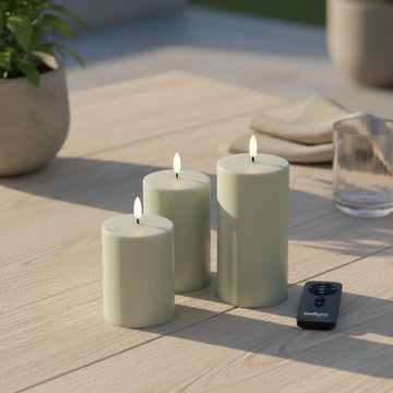 Set van drie realistische LED-stompkaarsen met 3D-vlam op houten tafel, Nordic Flame.