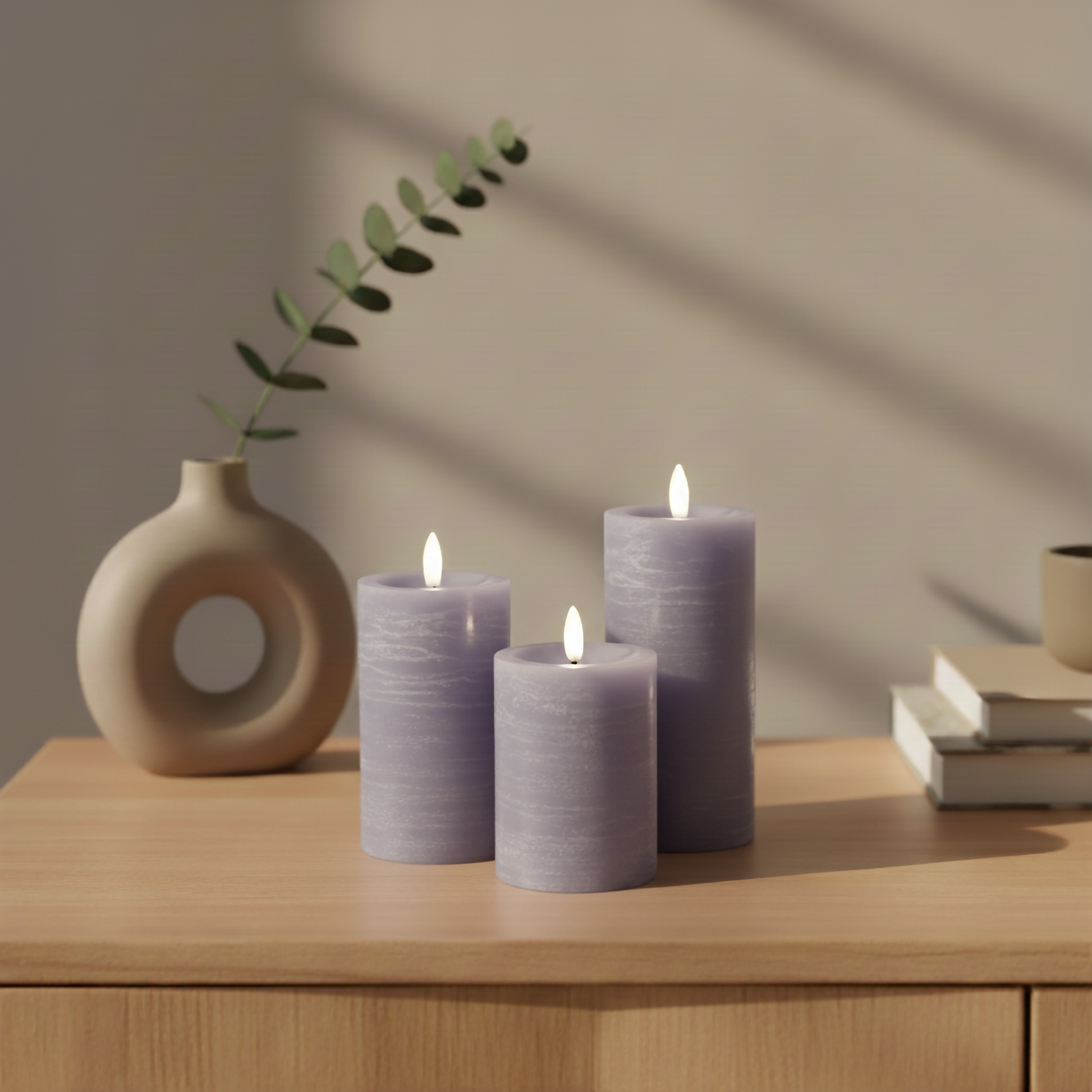 Drie paarse LED-stompkaarsen van Nordic Flame op houten kast, decoratief interieur