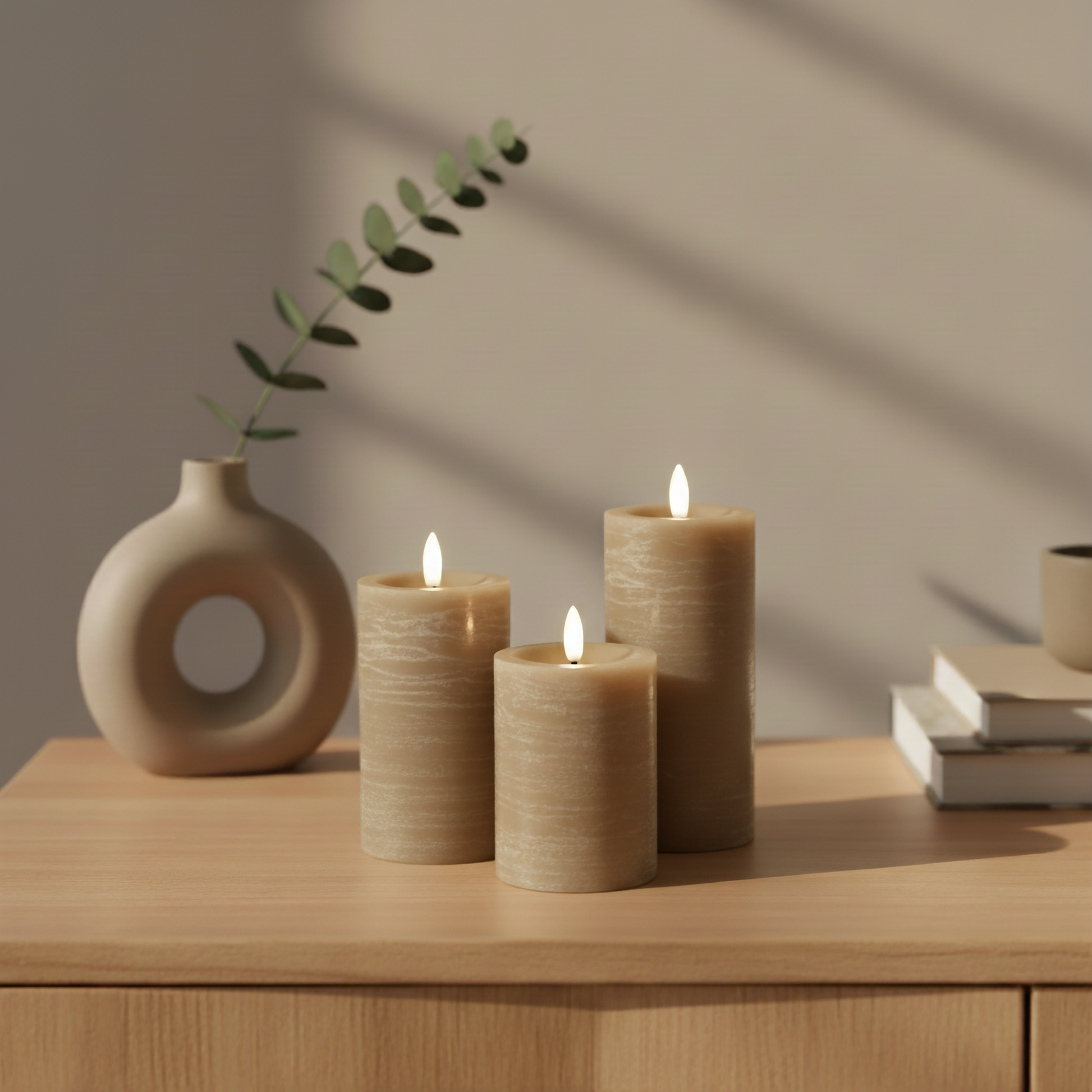 Drie realistische LED-stompkaarsen van Nordic Flame op houten kast, moderne vaas op achtergrond
