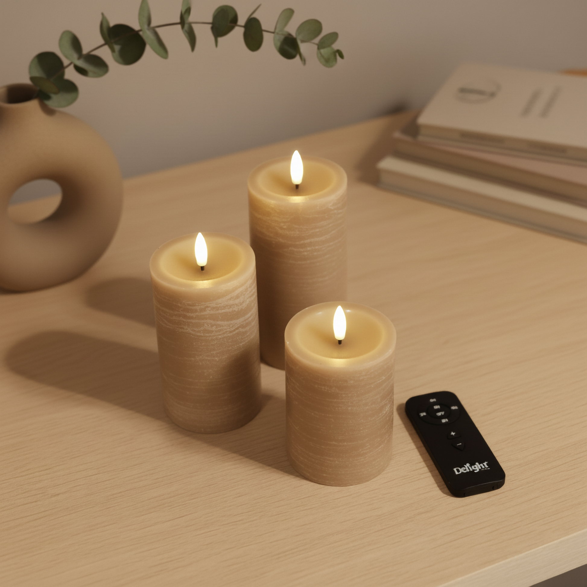 Drie realistische LED-stompkaarsen van echte was met afstandsbediening op houten tafel