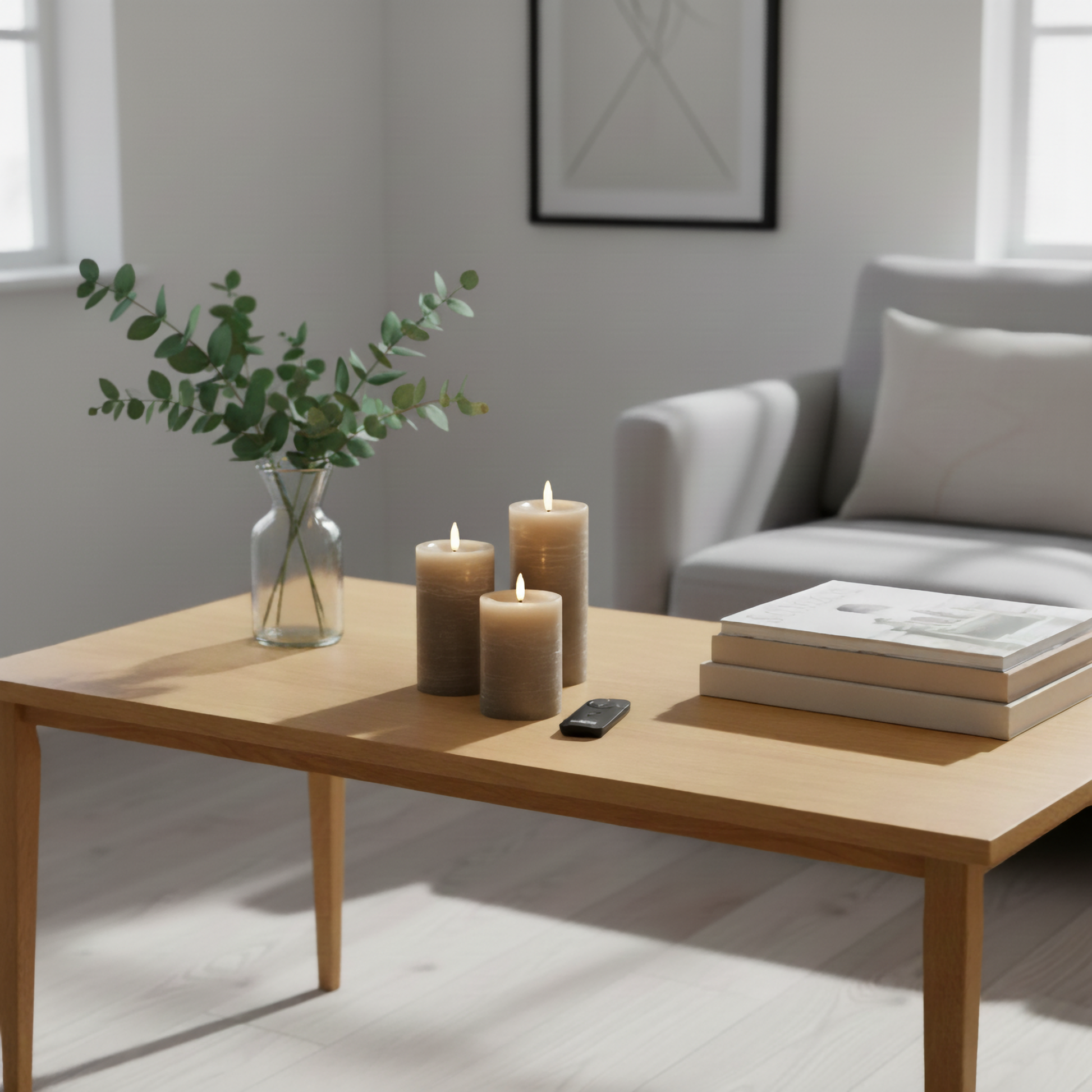 LED-stompkaarsen met 3D-vlam op houten tafel in moderne woonkamer, Nordic Flame sfeer