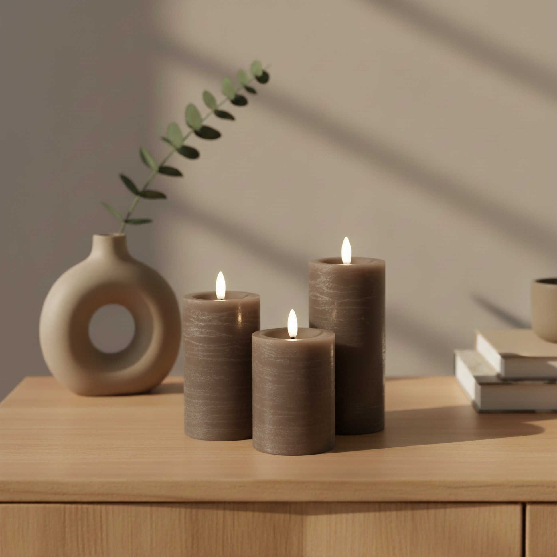 Bruine LED-stompkaarsen van echte was met 3D-vlam op houten kast, Scandinavisch interieur