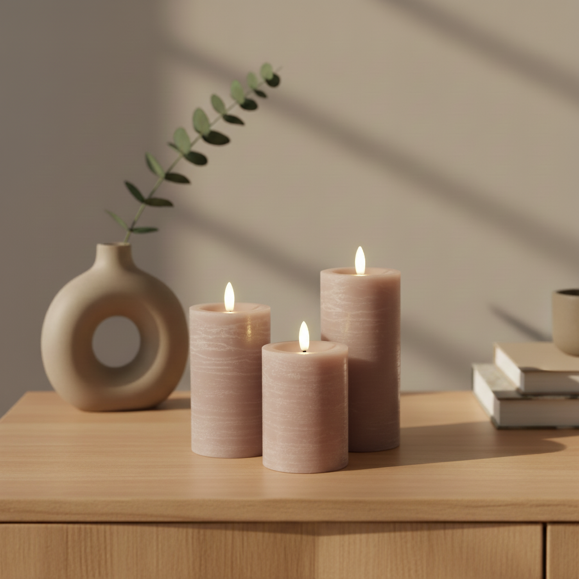 Drie realistische LED-stompkaarsen van Nordic Flame op houten kast met vaas, gezellige sfeer
