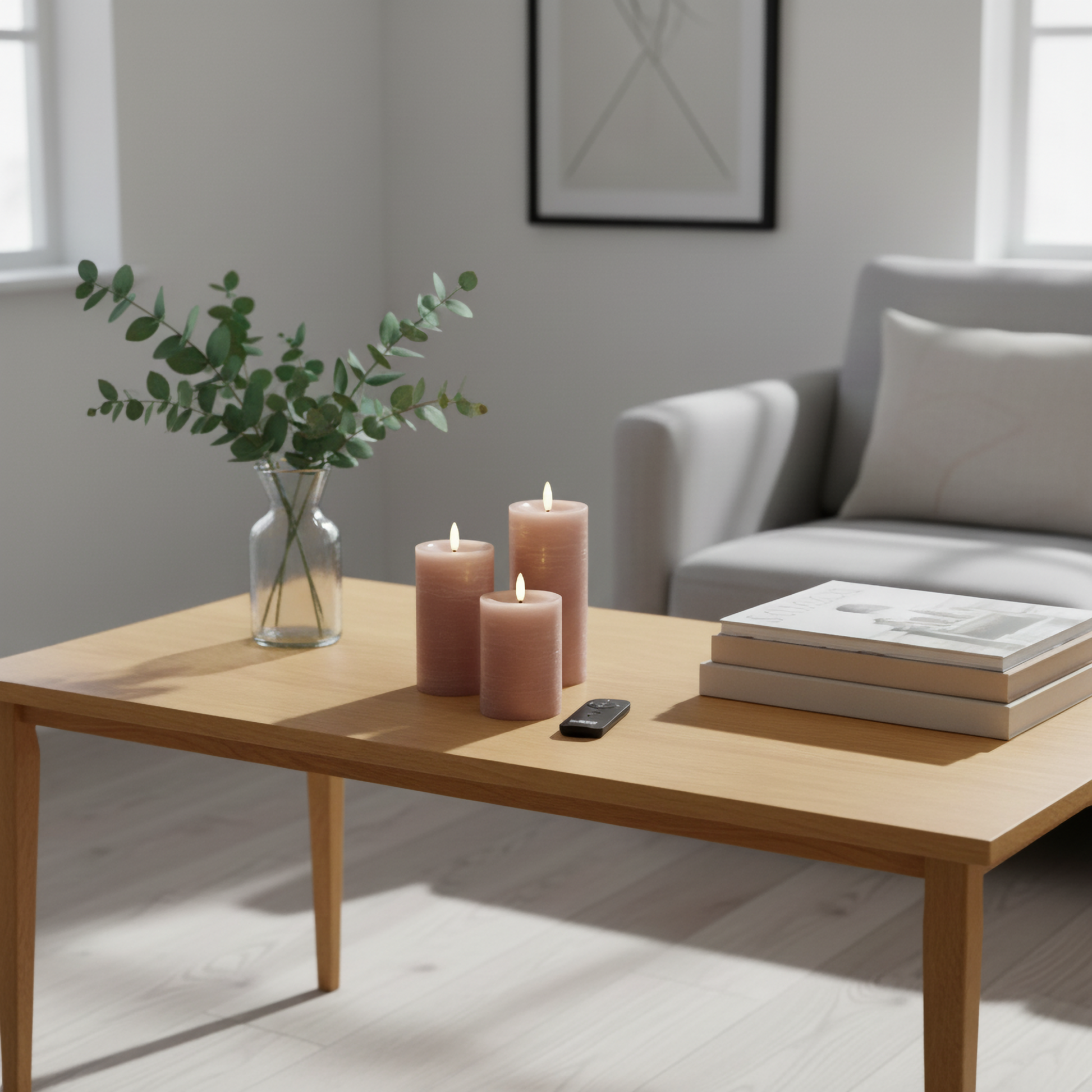 Drie realistische LED-stompkaarsen van Nordic Flame op houten tafel in moderne woonkamer
