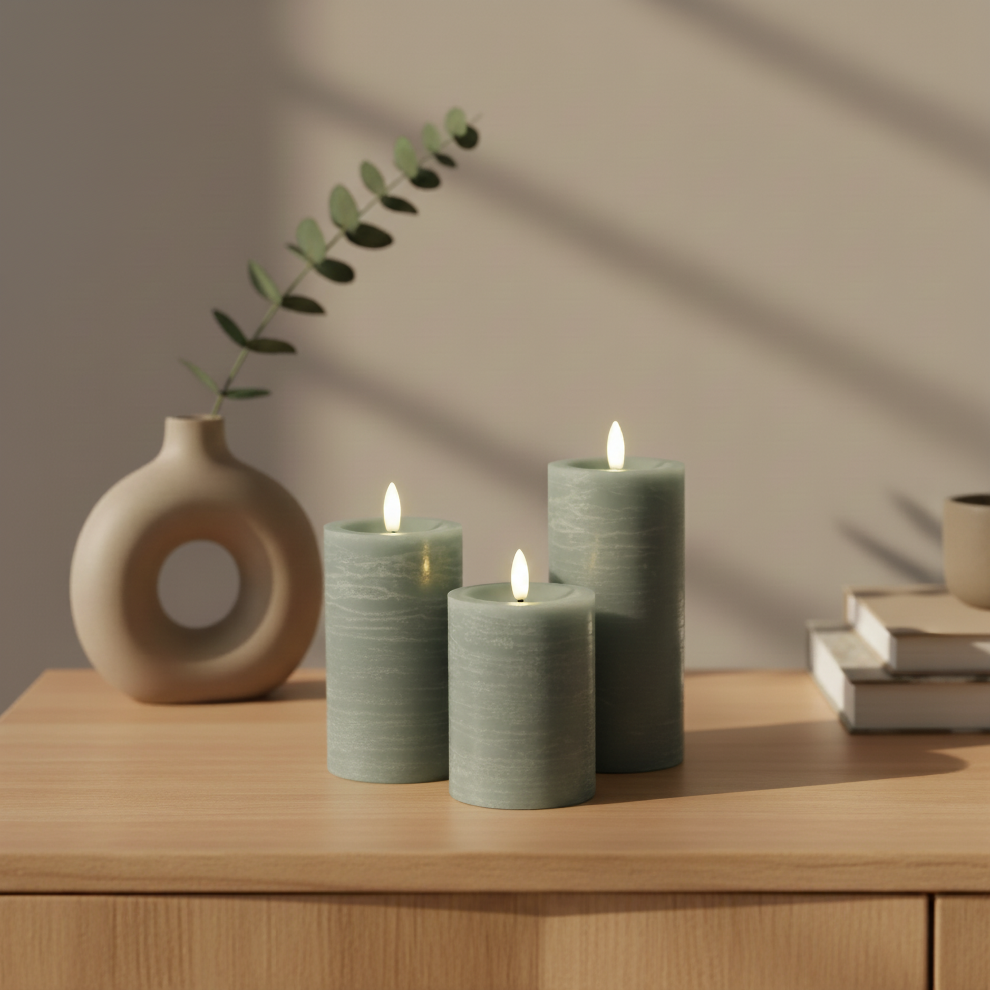 Groene LED-stompkaarsen van echte was met 3D-vlam op houten kast, Nordic Flame sfeer.