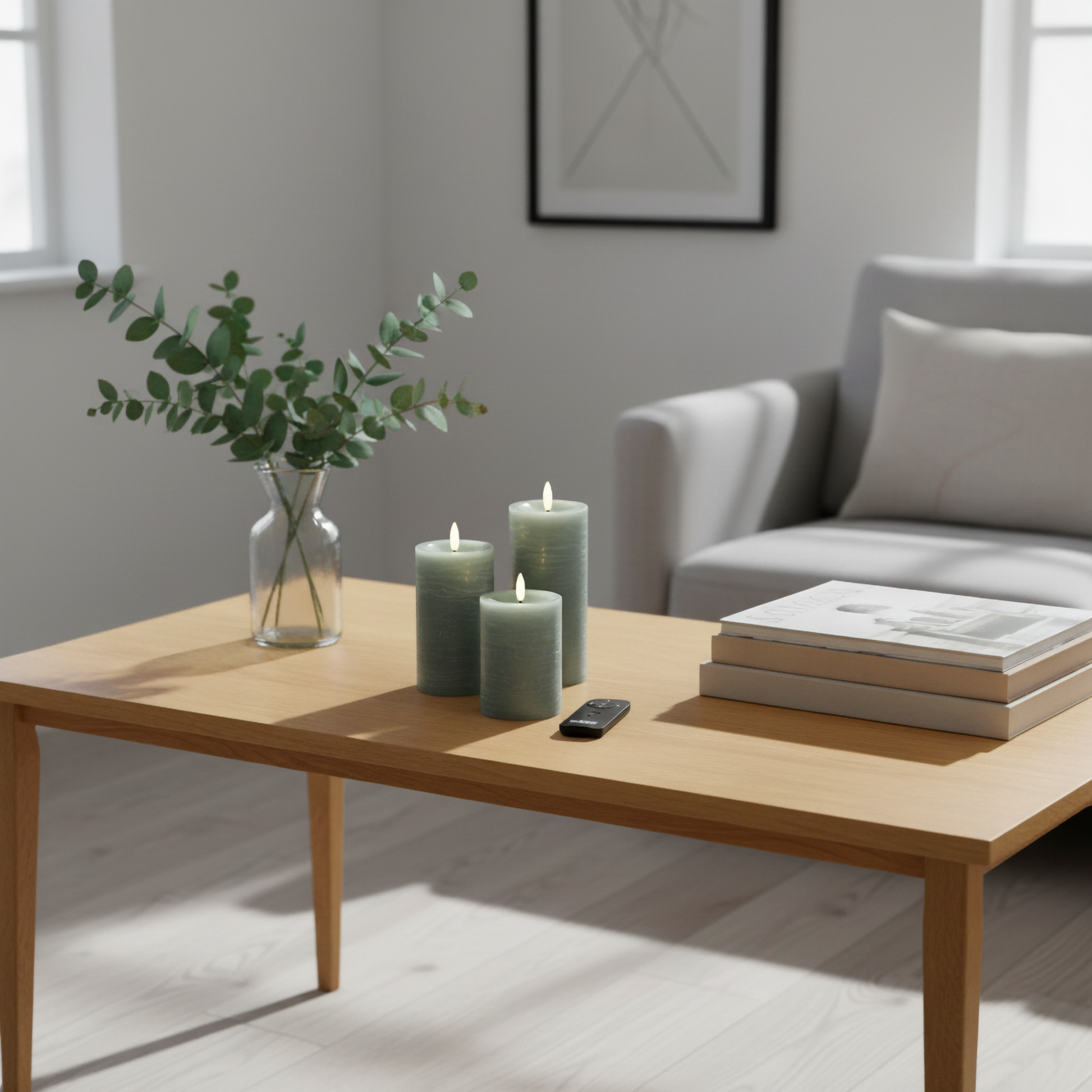 Nordic Flame LED-kaarsen van echte was op houten tafel in moderne woonkamer, sfeervolle decoratie