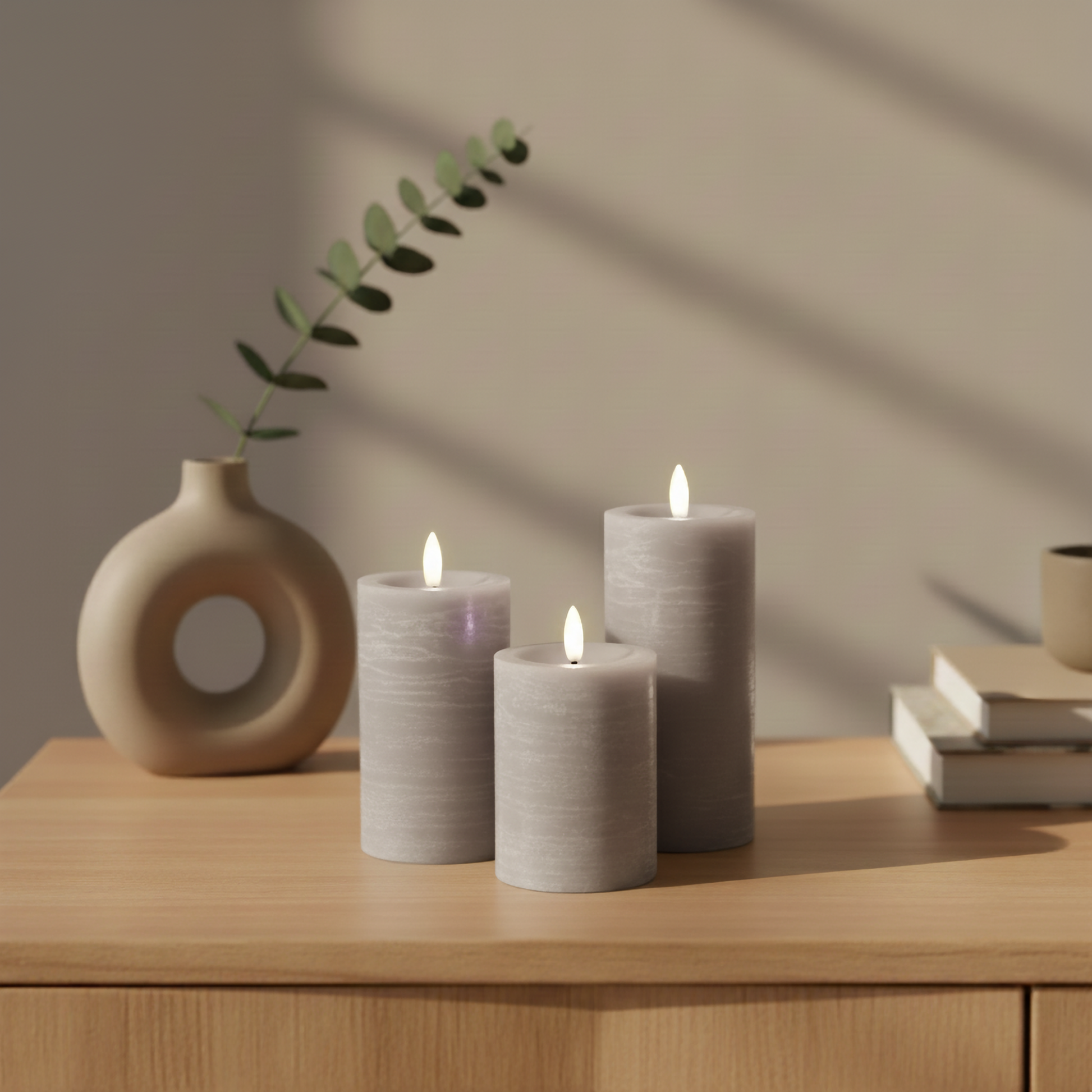 Grijze realistische LED-stompkaarsen op houten kast, Nordic Flame, moderne woondecoratie.