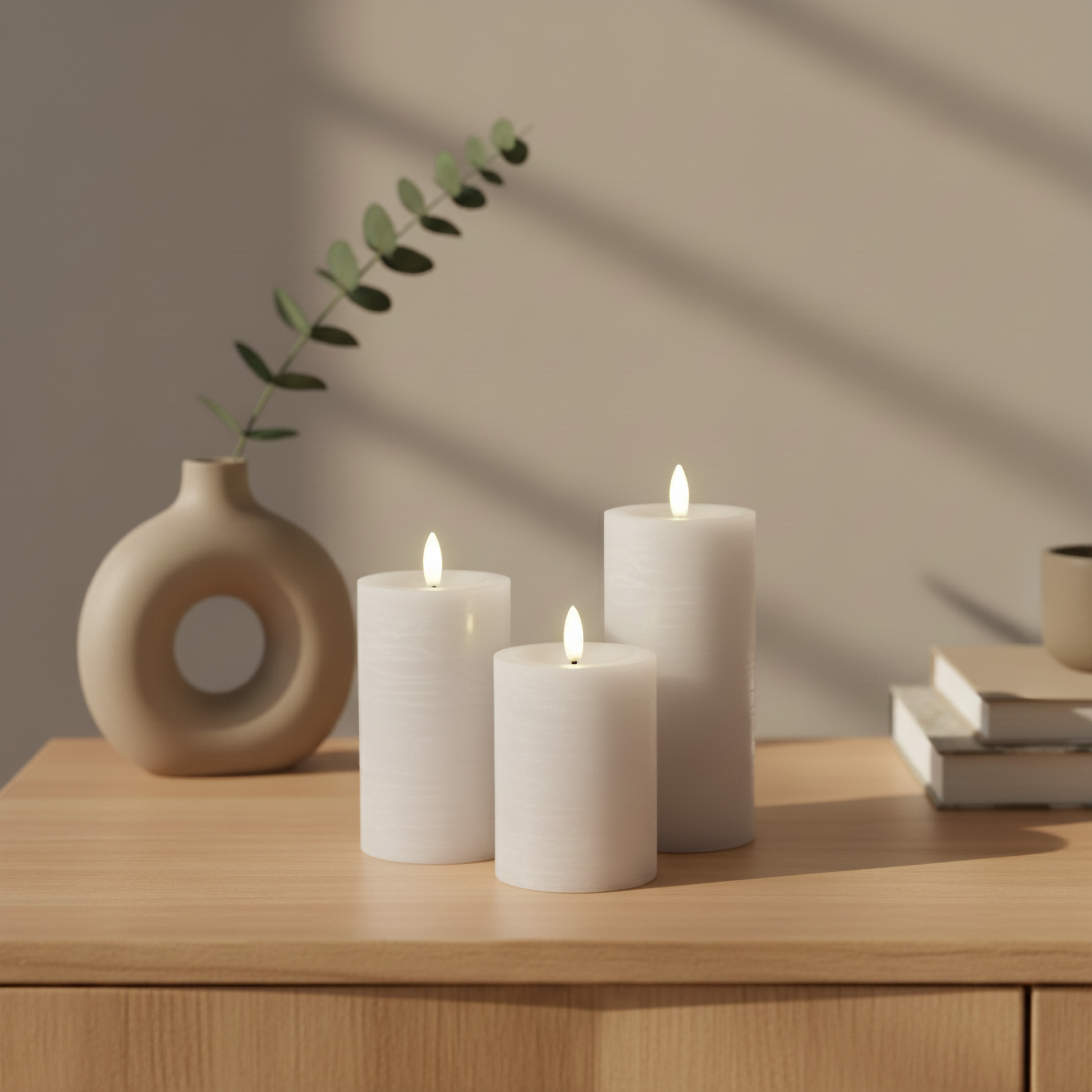 Drie witte LED-stompkaarsen van echte was op houten kast, Scandinavisch interieur, Nordic Flame