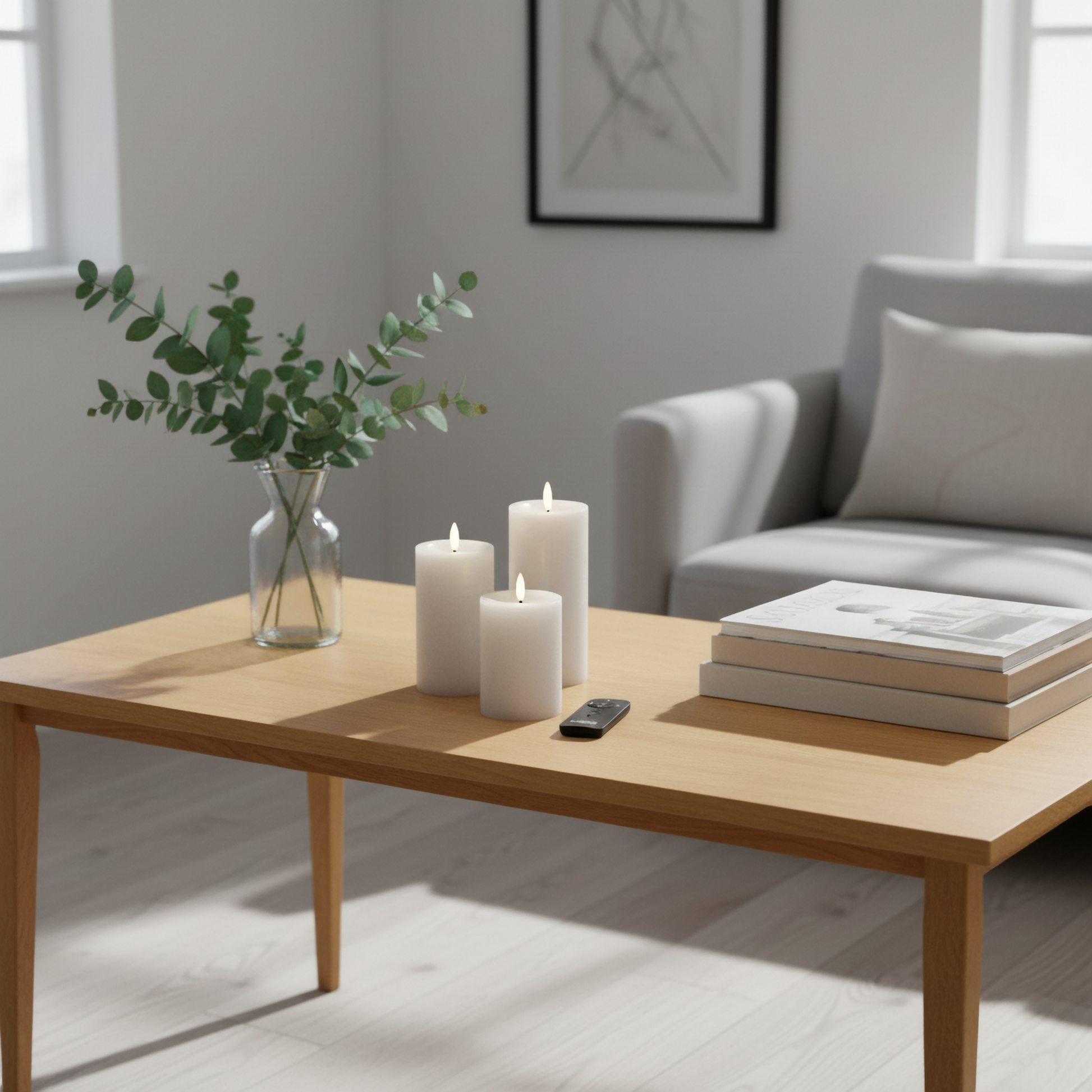 Drie witte LED-stompkaarsen met 3D-vlam op houten tafel in Scandinavisch interieur