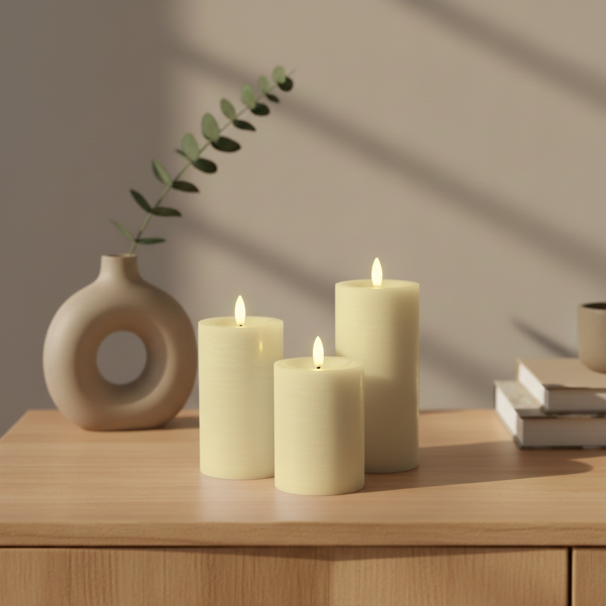 Drie Nordic Flame LED-stompkaarsen op houten kast, stijlvolle moderne sfeer