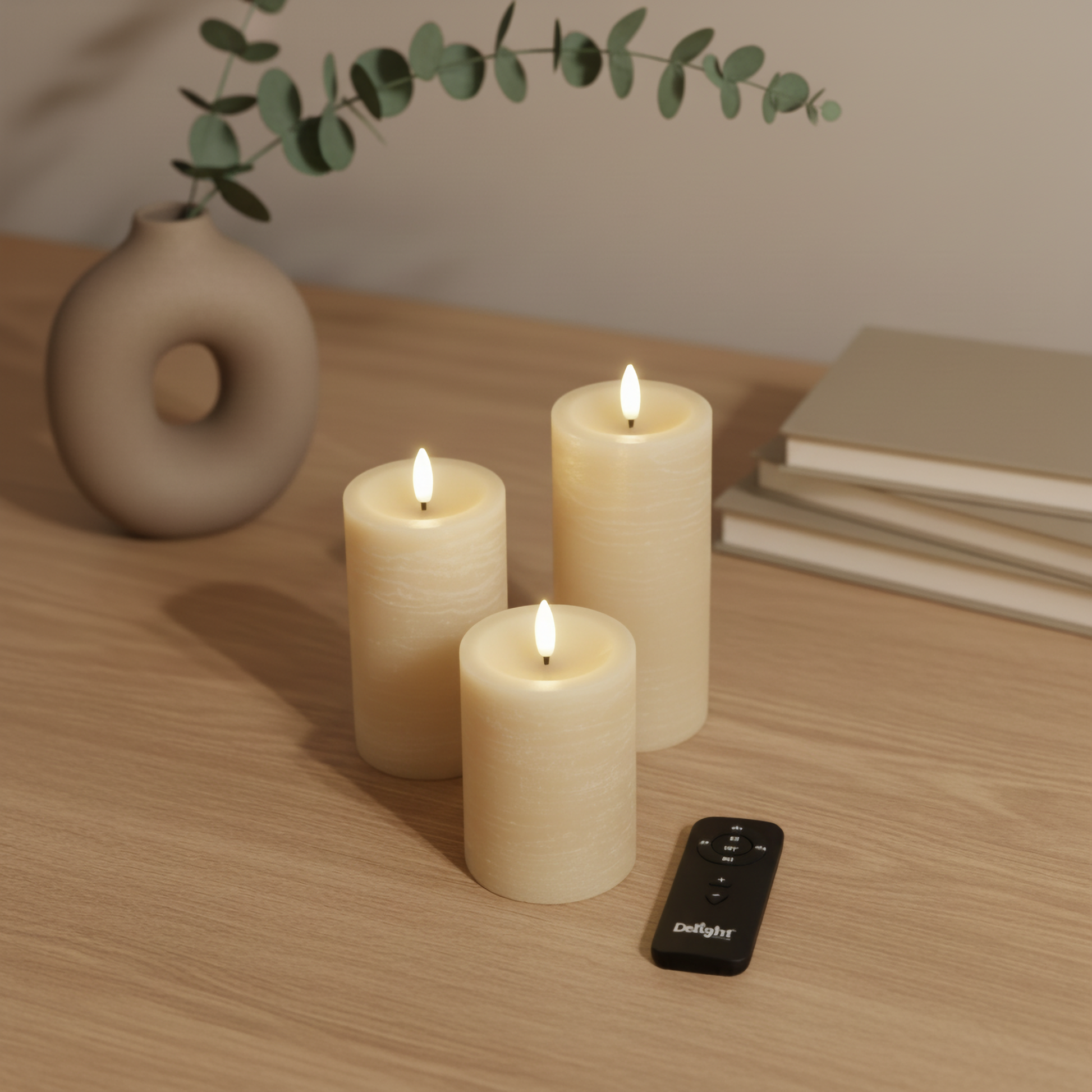 Drie realistische LED-stompkaarsen van Nordic Flame op houten tafel met afstandsbediening
