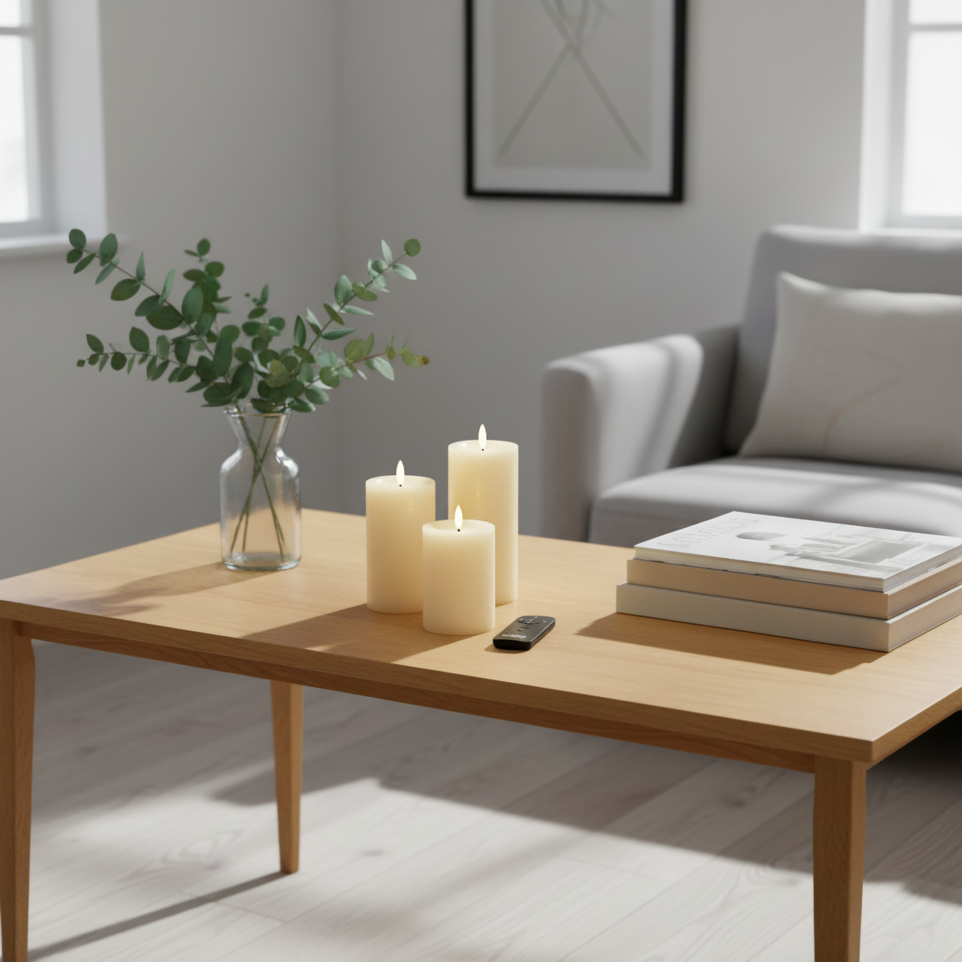 Realistische LED-stompkaarsen van Nordic Flame op houten tafel in moderne woonkamer
