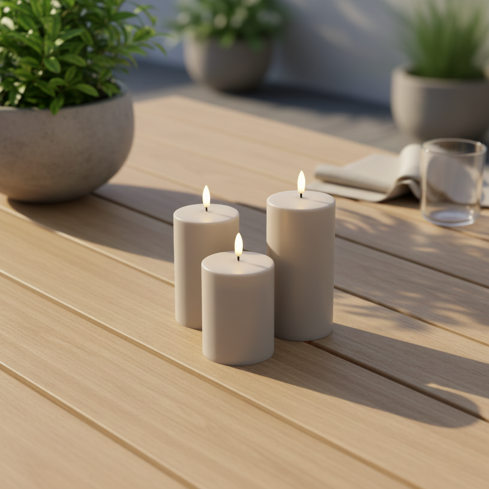 Drie witte LED-stompkaarsen op houten tafel buiten, Nordic Flame sfeerkaarsen