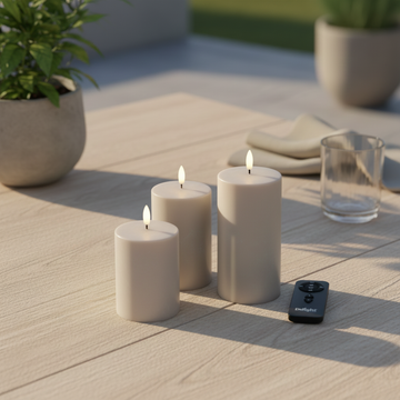 Set van drie Nordic Flame LED-stompkaarsen met afstandsbediening op houten buitentafel
