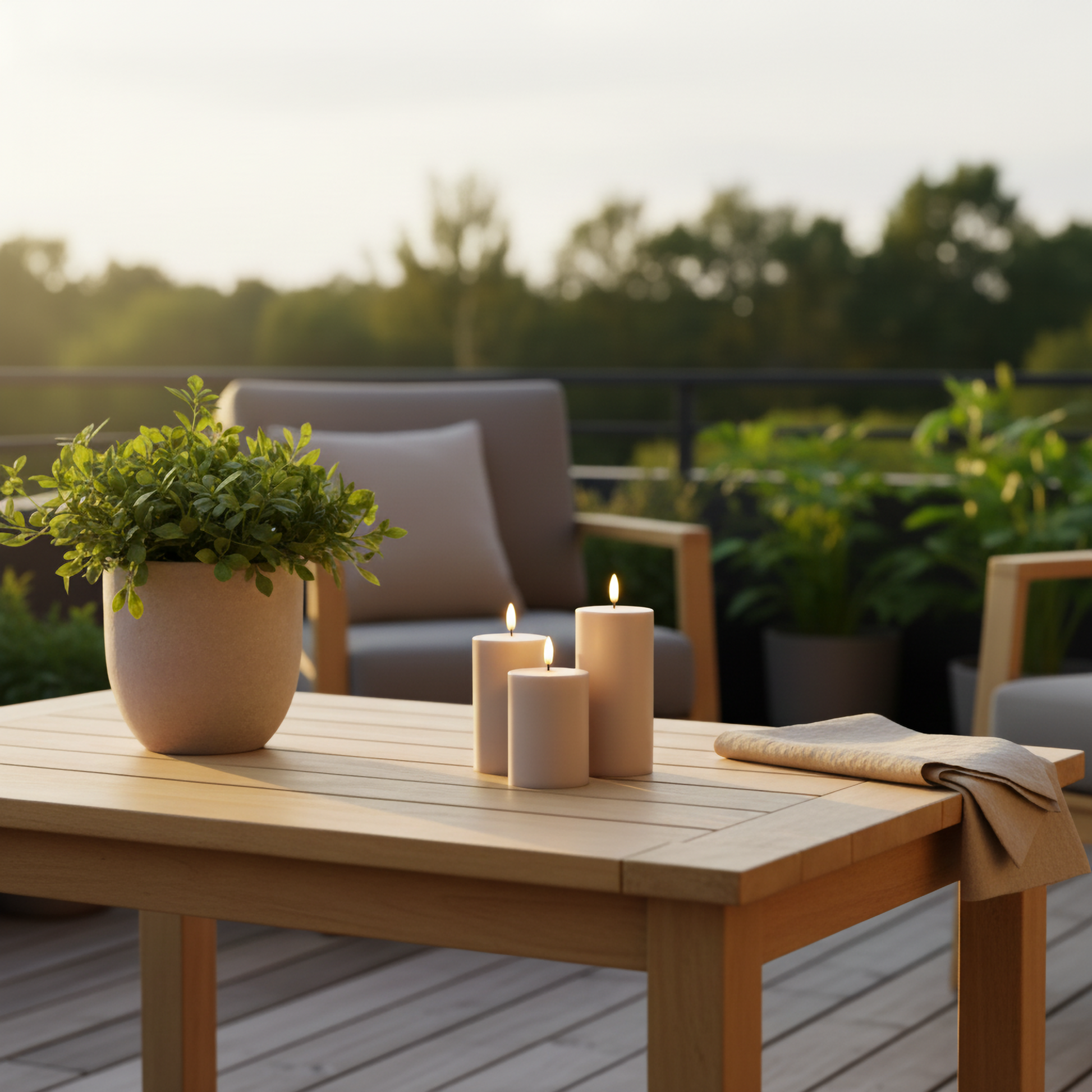 LED-stompkaarsen op houten buitentafel met planten in zomerse tuin, Nordic Flame sfeer