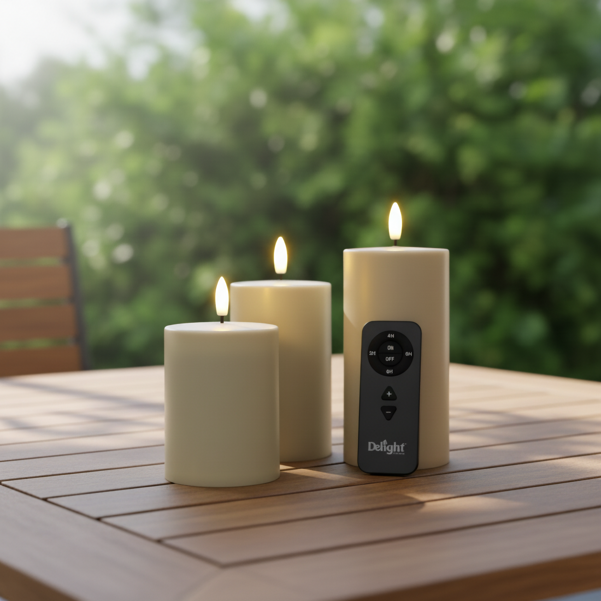 Drie LED-stompkaarsen met realistische vlam op houten tuintafel, met afstandsbediening