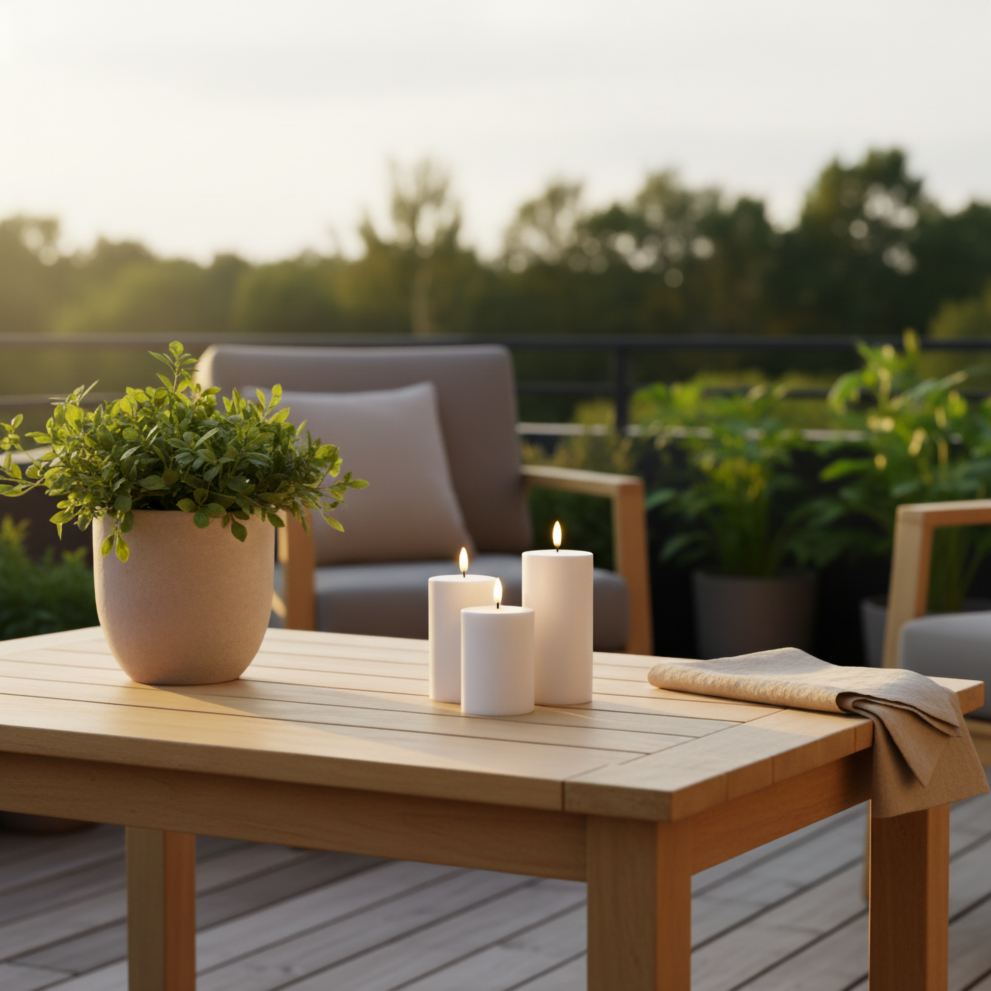 LED-stompkaarsen van Nordic Flame op houten tuintafel, sfeervol buiten op terras