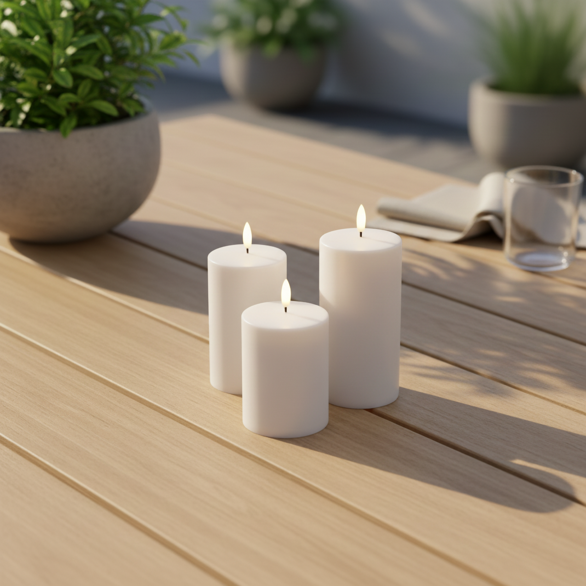 Drie witte LED-stompkaarsen met 3D-vlam van Nordic Flame op houten tafel buiten